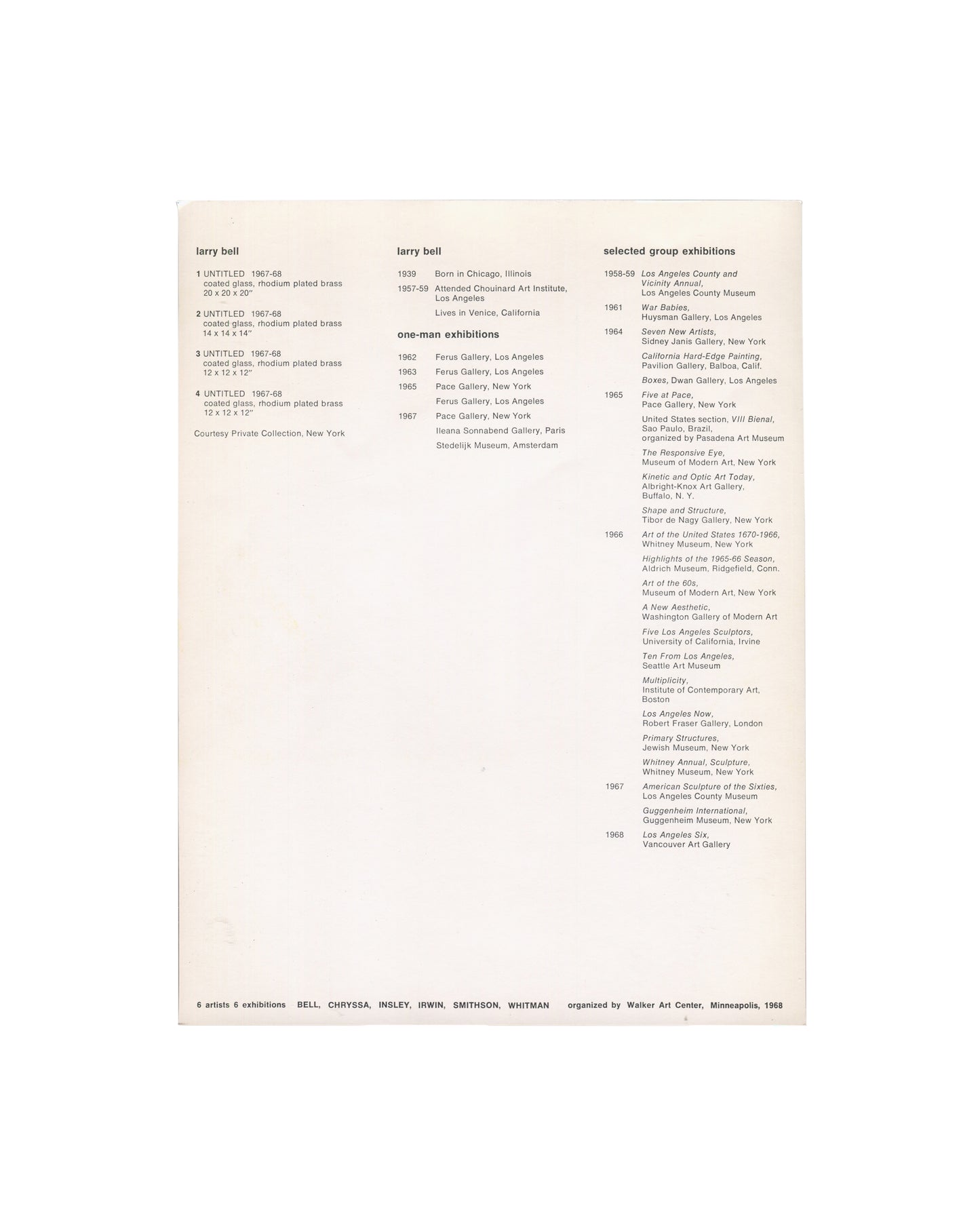 Larry Bell, 6 Artists 6 Exhibitions, Walker Art Center, 1968, interior with exhibition checklist and biography