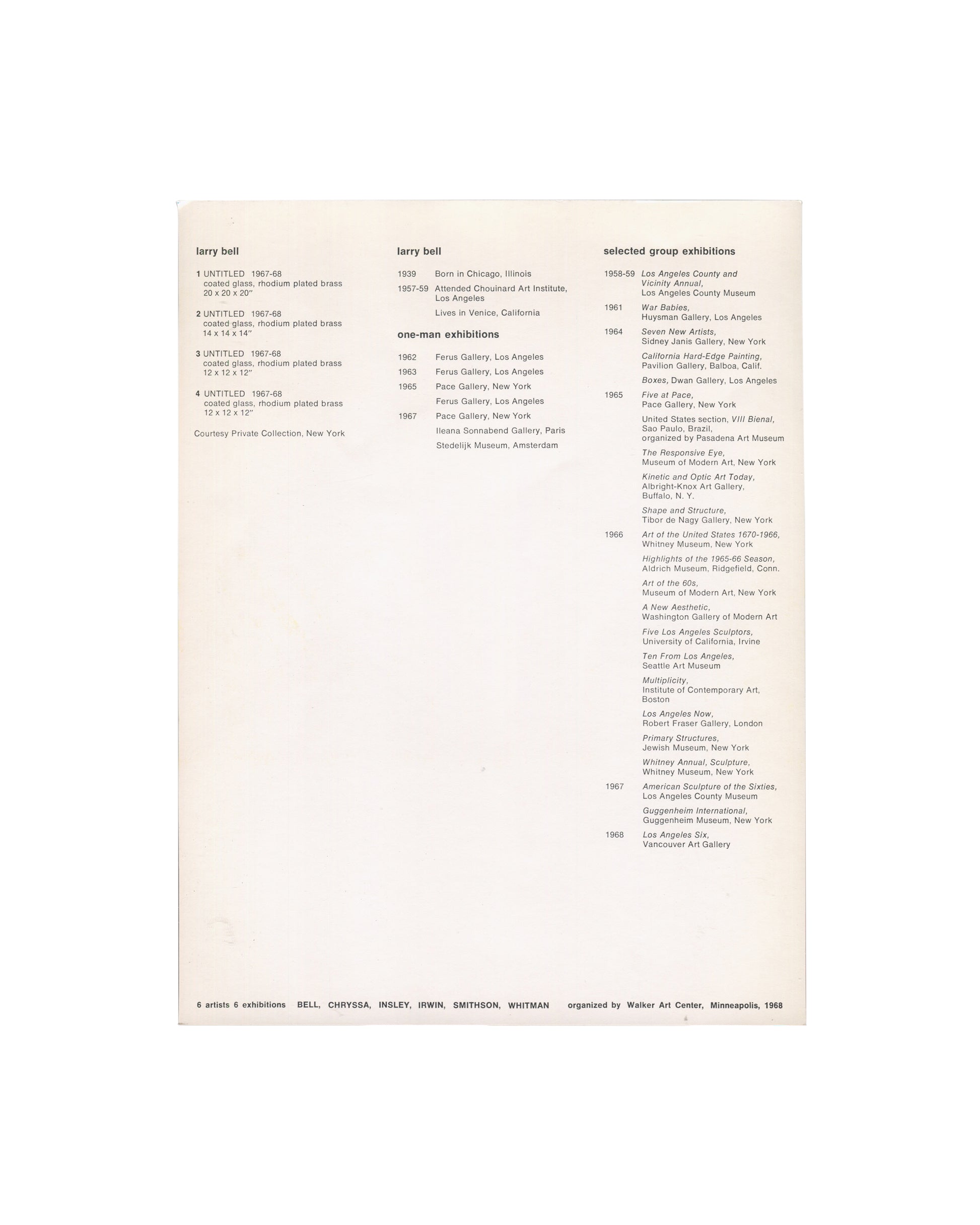 Larry Bell, 6 Artists 6 Exhibitions, Walker Art Center, 1968, interior with exhibition checklist and biography