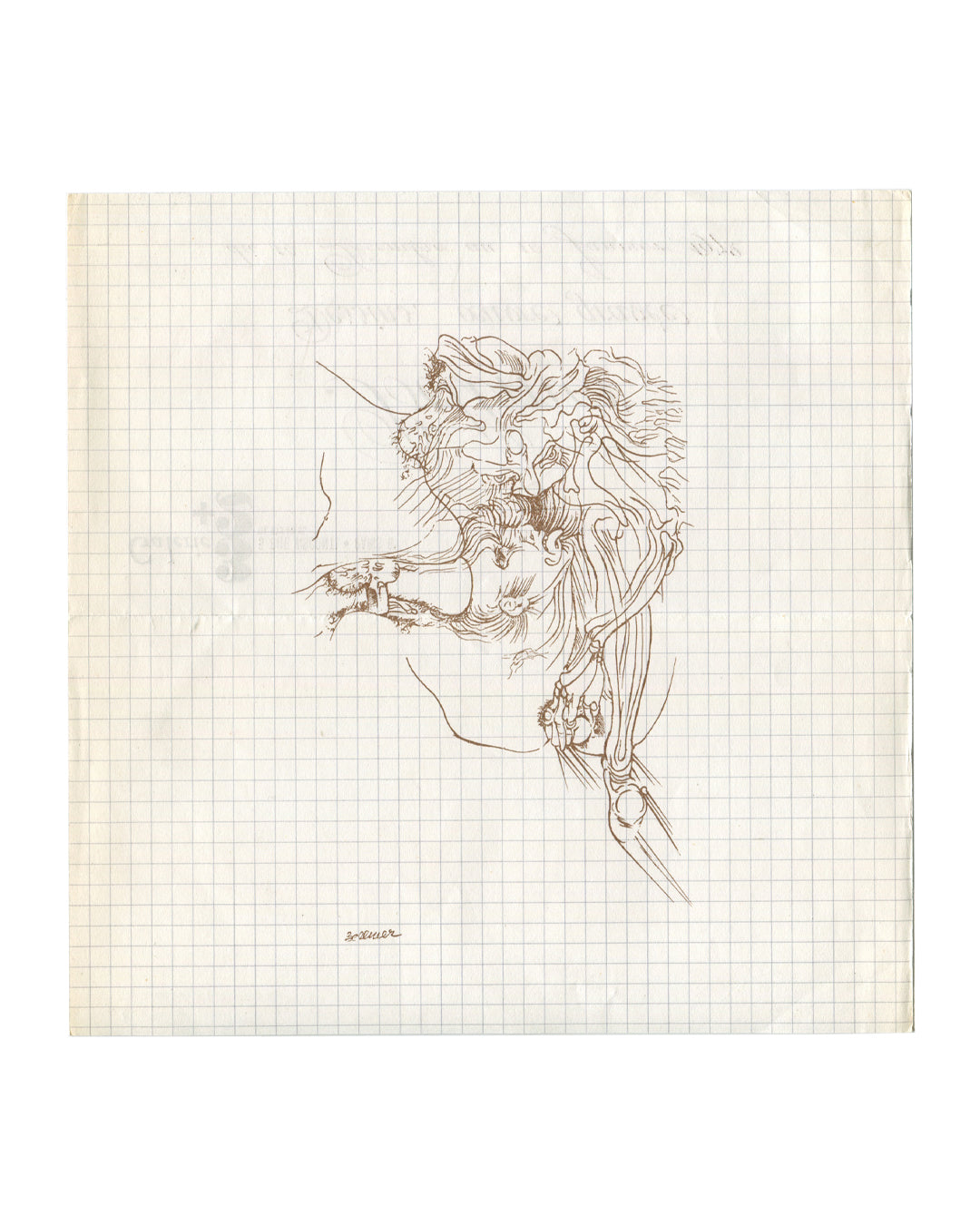 Hans Bellmer surreal anatomical drawing inside Galerie 3+2 exhibition invitation folder Paris 1971–72
Original folded exhibition invitation / announcement folder
Offset print in brown ink on graph-paper patterned stock
Approx. dimensions: c. 21 × 10 cm folded (unfolds larger)
Galerie 3+2, 5 rue Visconti, Paris 6e
Exhibition dates: 10 December 1971 – 10 January 1972
Condition: Very good; light age toning, minor handling wear and soft edge wear consistent with period paper ephemera