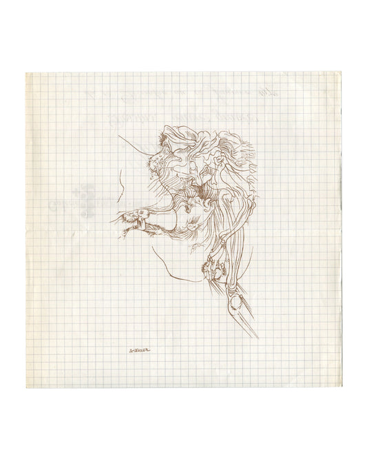 Hans Bellmer surreal anatomical drawing inside Galerie 3+2 exhibition invitation folder Paris 1971–72
Original folded exhibition invitation / announcement folder
Offset print in brown ink on graph-paper patterned stock
Approx. dimensions: c. 21 × 10 cm folded (unfolds larger)
Galerie 3+2, 5 rue Visconti, Paris 6e
Exhibition dates: 10 December 1971 – 10 January 1972
Condition: Very good; light age toning, minor handling wear and soft edge wear consistent with period paper ephemera