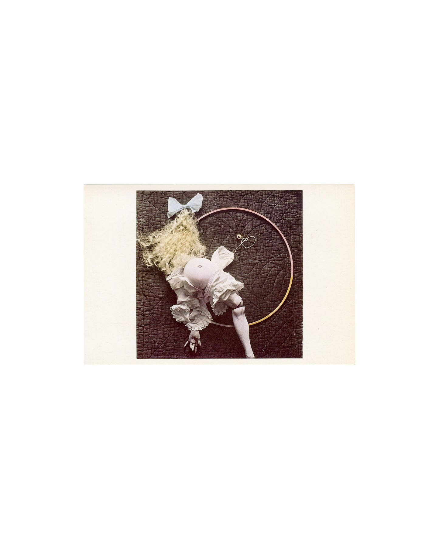 Hans Bellmer, La poupée 1936, Centre Georges Pompidou postcard, headless doll in white dress, gold hoop, dark leather ground