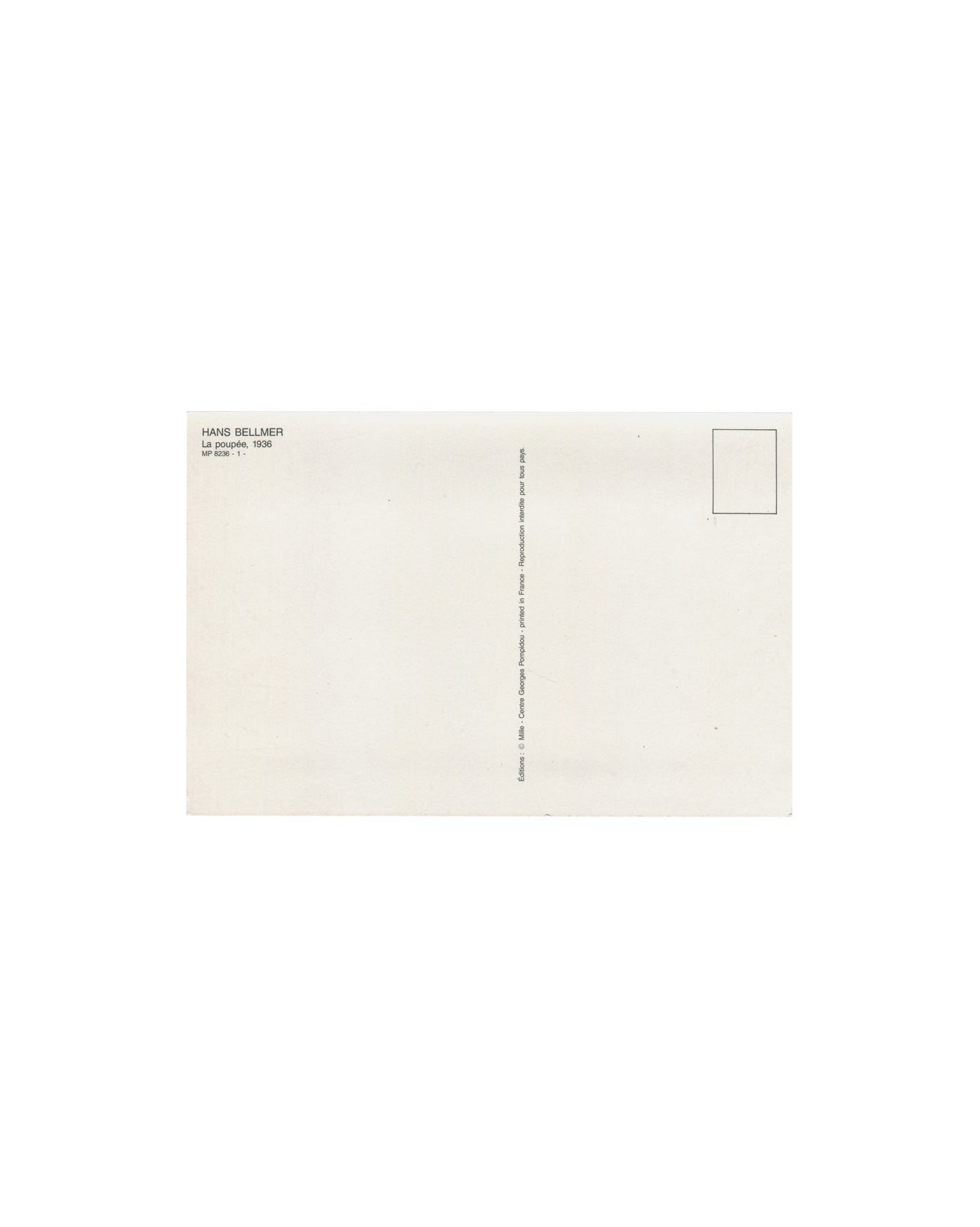 Hans Bellmer, La poupée 1936, Centre Georges Pompidou postcard verso, Éditions Mille, MP 8236-1, unused postal card