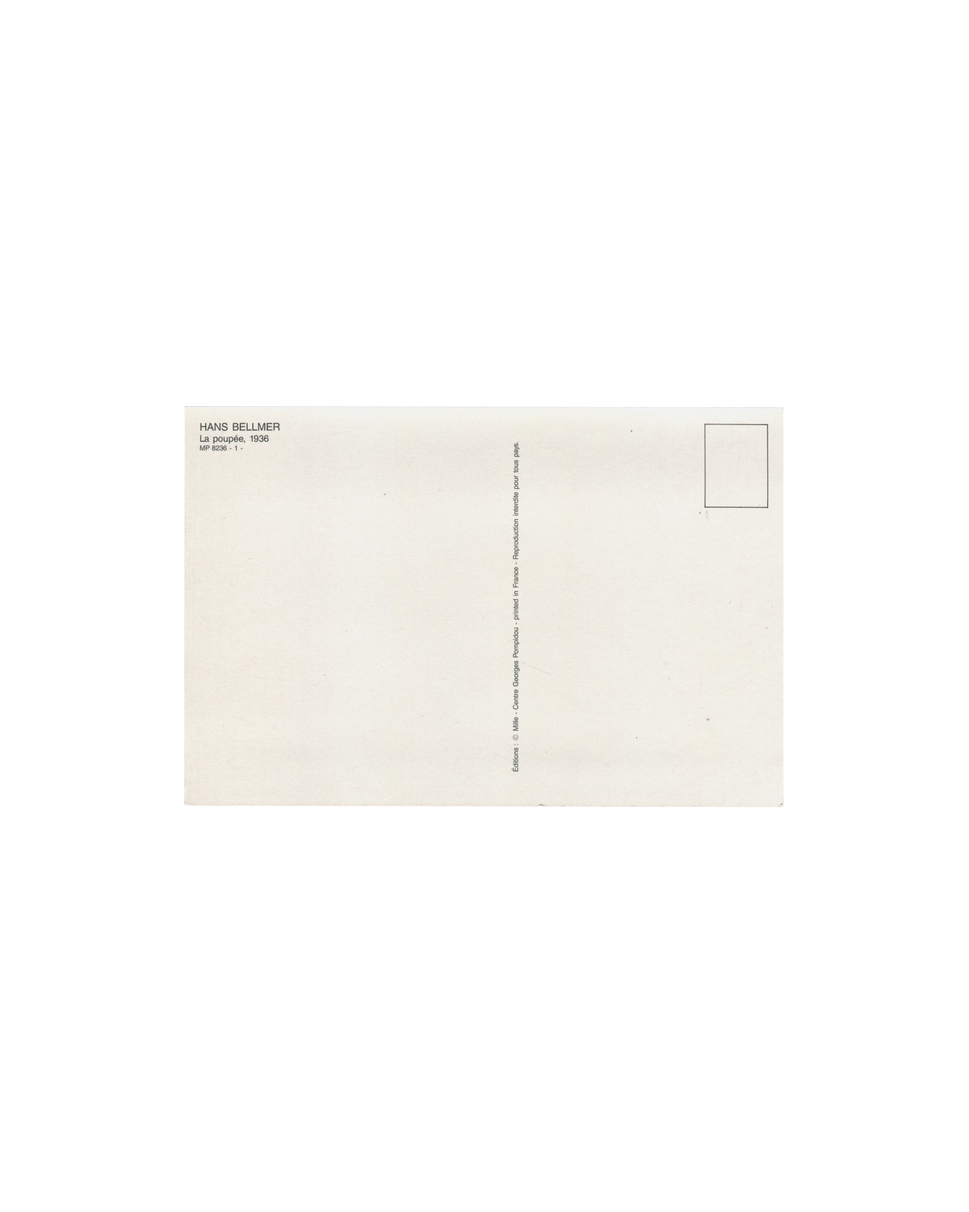 Hans Bellmer, La poupée 1936, Centre Georges Pompidou postcard verso, Éditions Mille, MP 8236-1, unused postal card