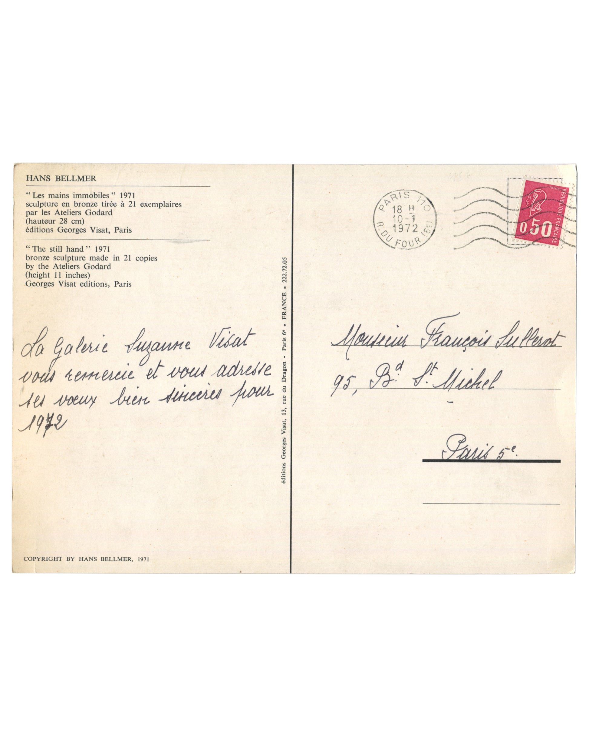 Reverse of 1972 Hans Bellmer New Year postcard, Galerie Suzanne Visat, Paris — verso showing bilingual printed artwork caption in French and English identifying Les mains immobiles / The still hand, 1971, bronze, Ateliers Godard, éditions Georges Visat; handwritten New Year greeting in French from La Galerie Suzanne Visat addressed to Monsieur François Lullerat, 95 Bd St Michel, Paris 5e; Paris cancellation stamp dated 10 January 1972 with 0.50 franc postage; copyright notice Hans Bellmer 1971 lower left; p
