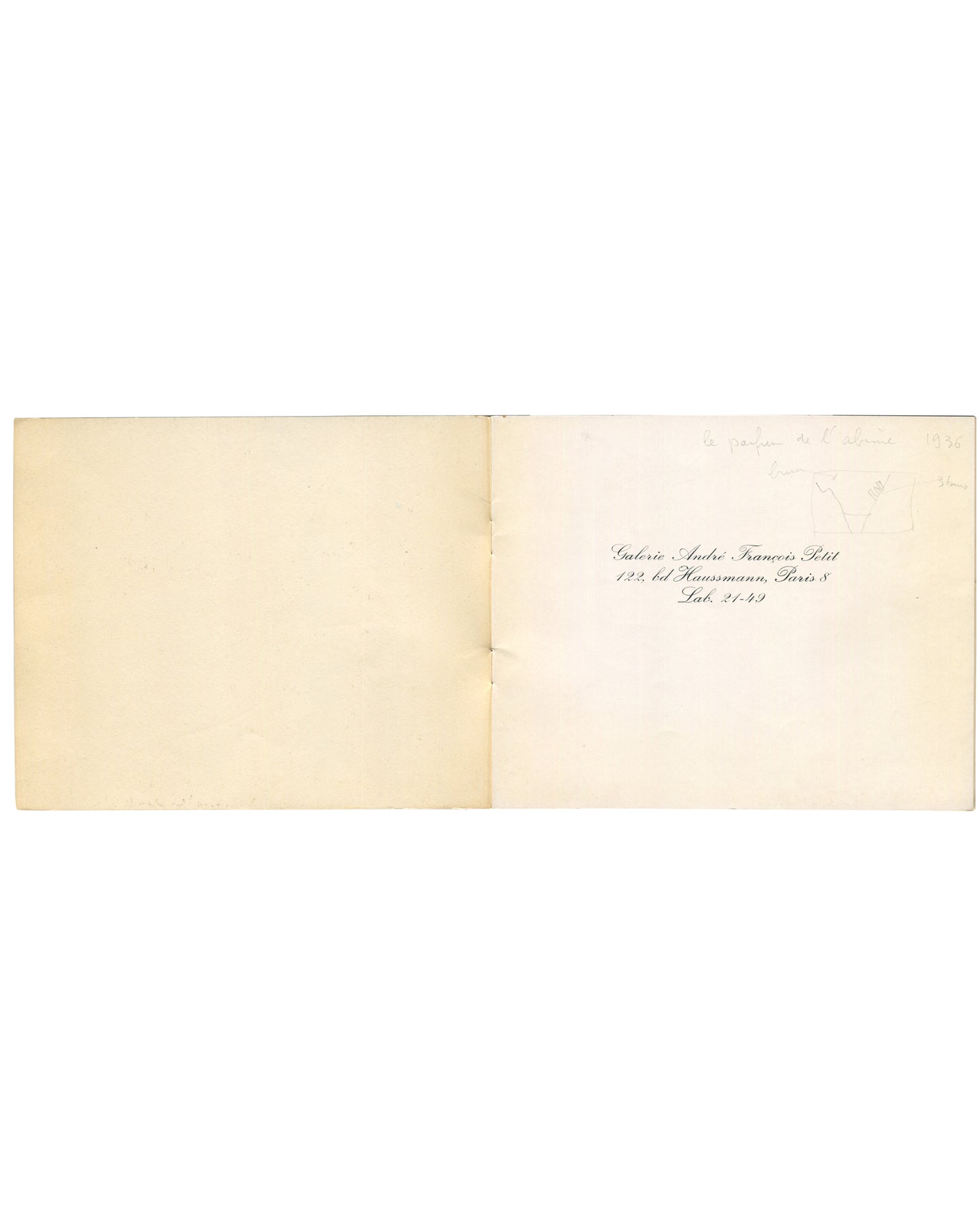 Blank left page; right page with gallery address in cursive script, pencil inscription and small diagram visible upper right.