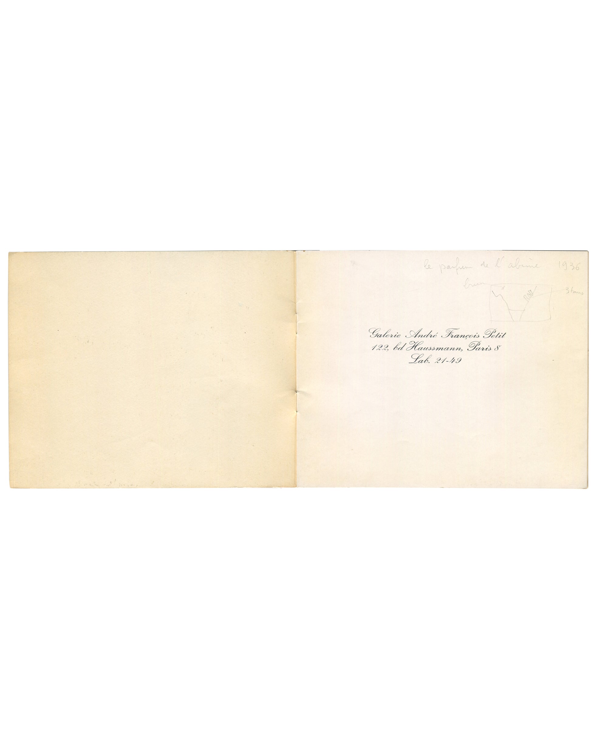 Blank left page; right page with gallery address in cursive script, pencil inscription and small diagram visible upper right.
