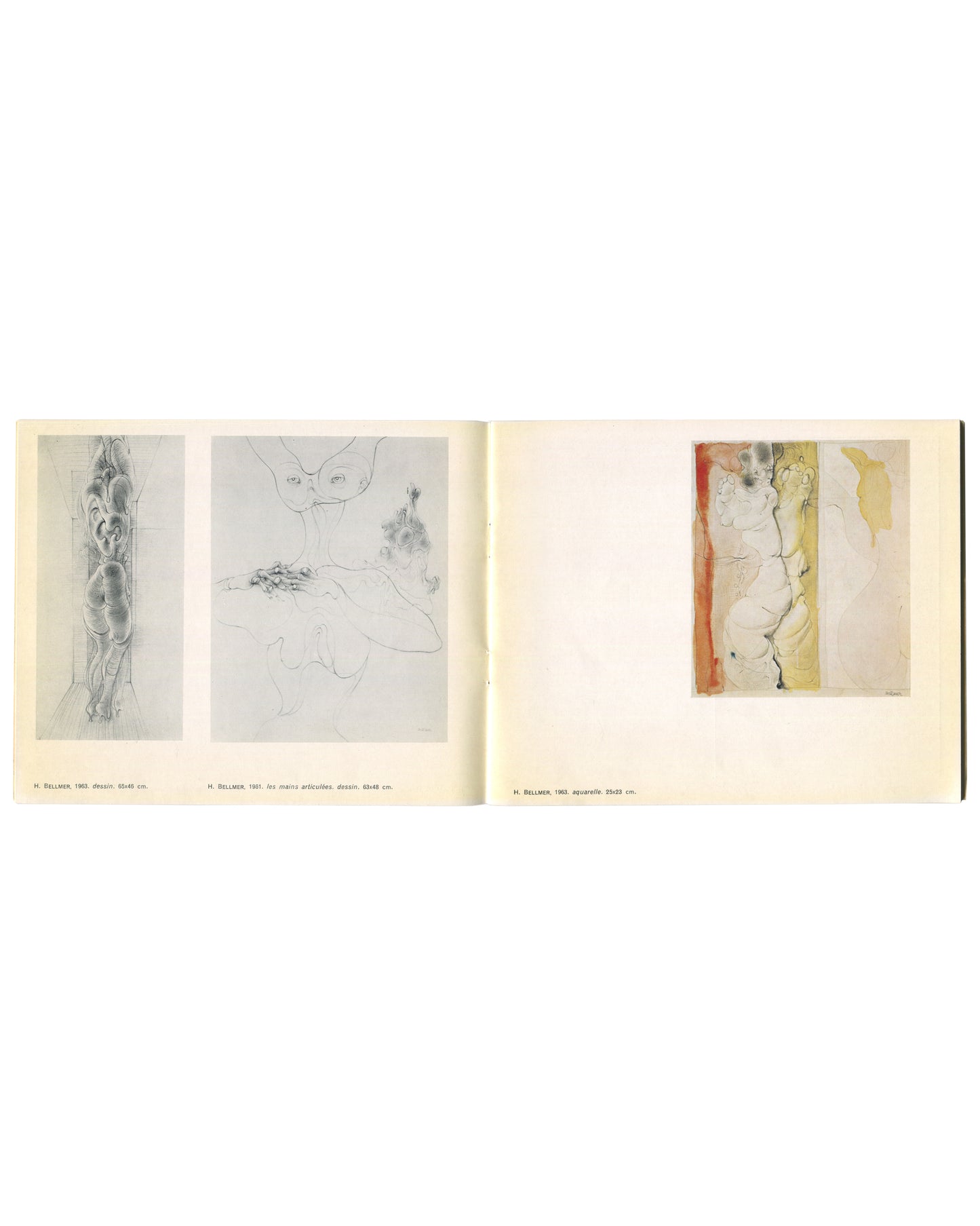 Two b&w Bellmer drawings (1963, 1961) left; colour Bellmer watercolour (1963), pale torso against red and yellow ground, right.