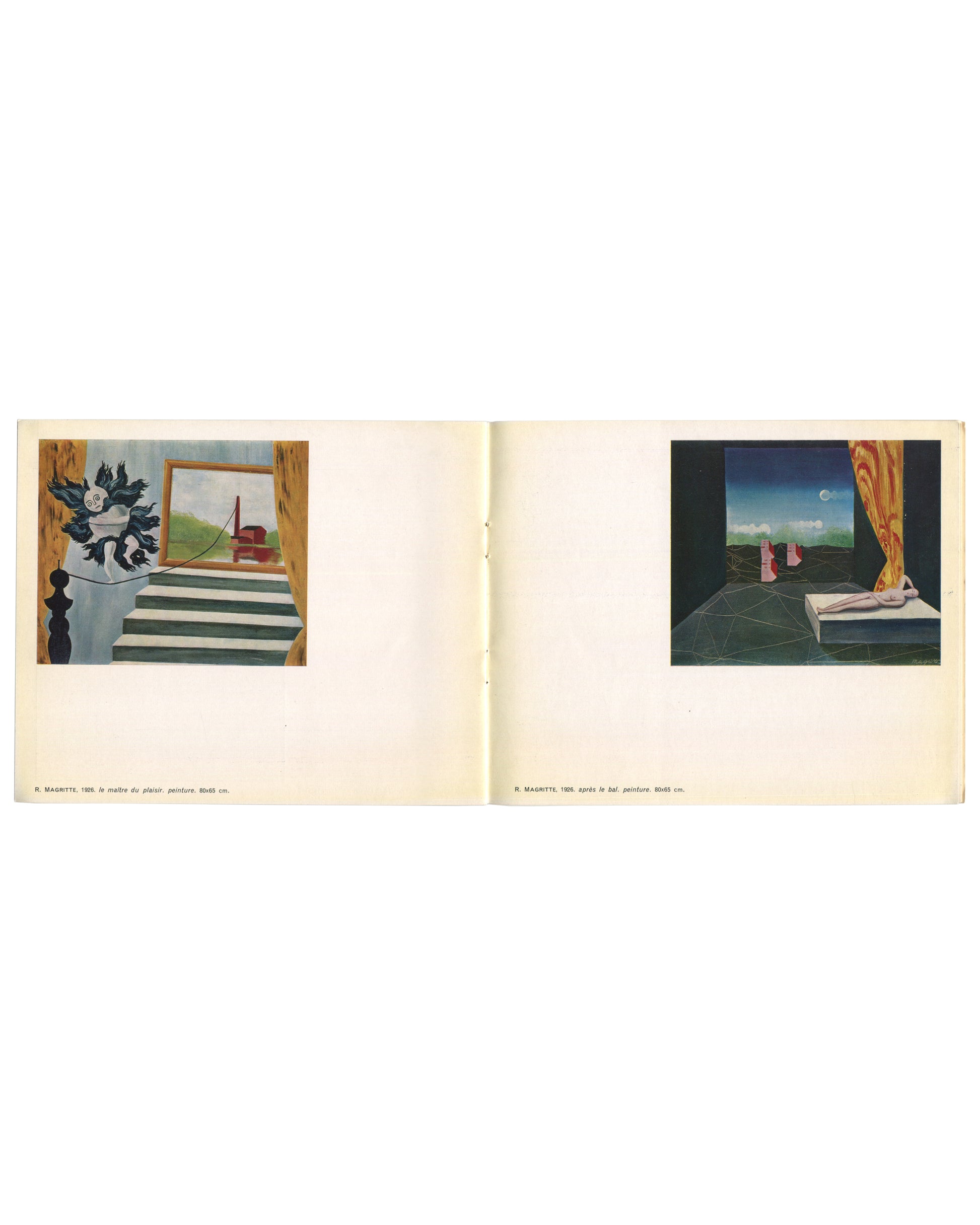 Colour: Le maître du plaisir, 1926 (striped floor interior) left; Après le bal, 1926 (reclining nude, moonlit landscape) right.
