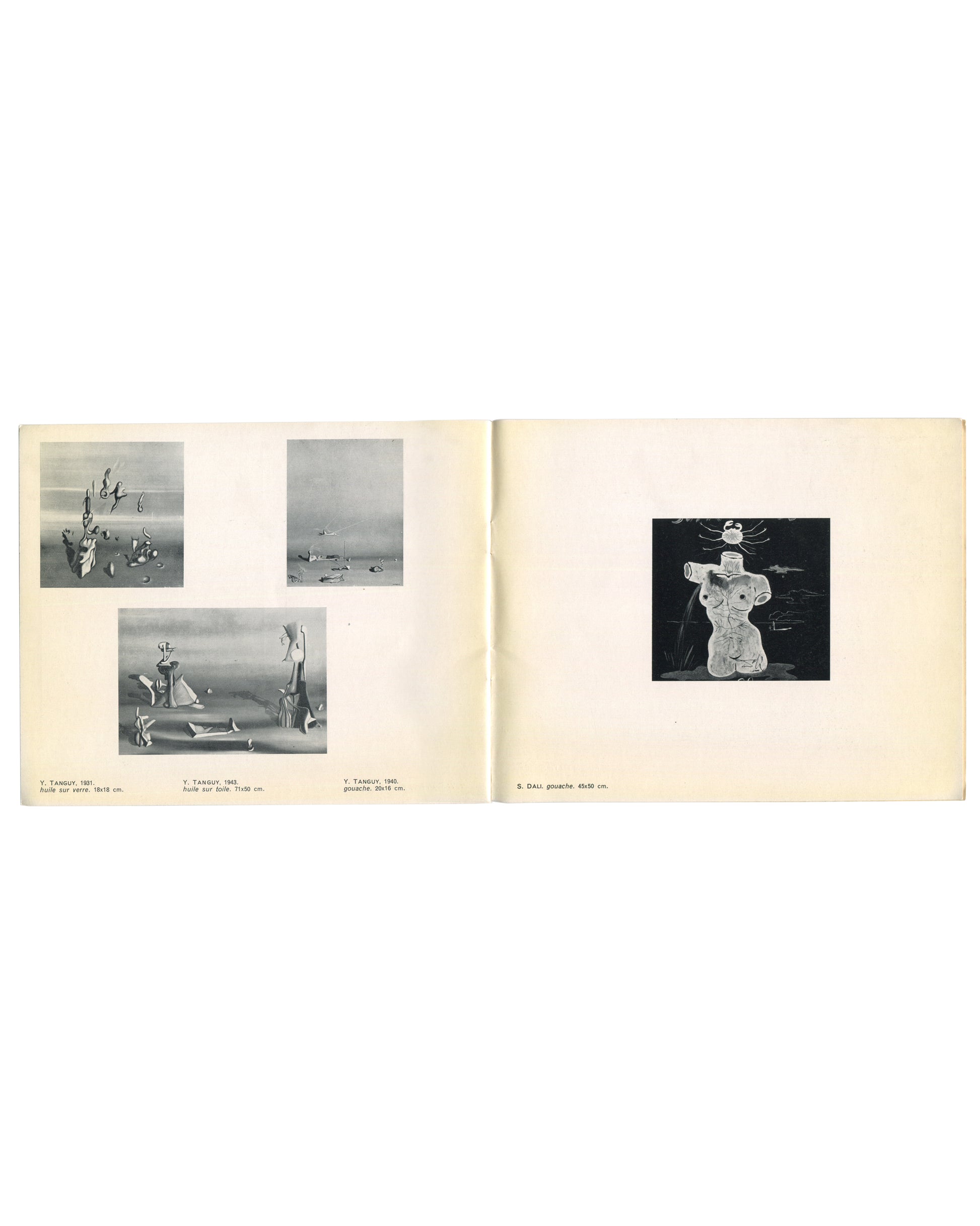Three b&w Tanguy paintings (1937, 1943, 1943) left; b&w Dalí gouache, fragmented torso against dark ground, right.