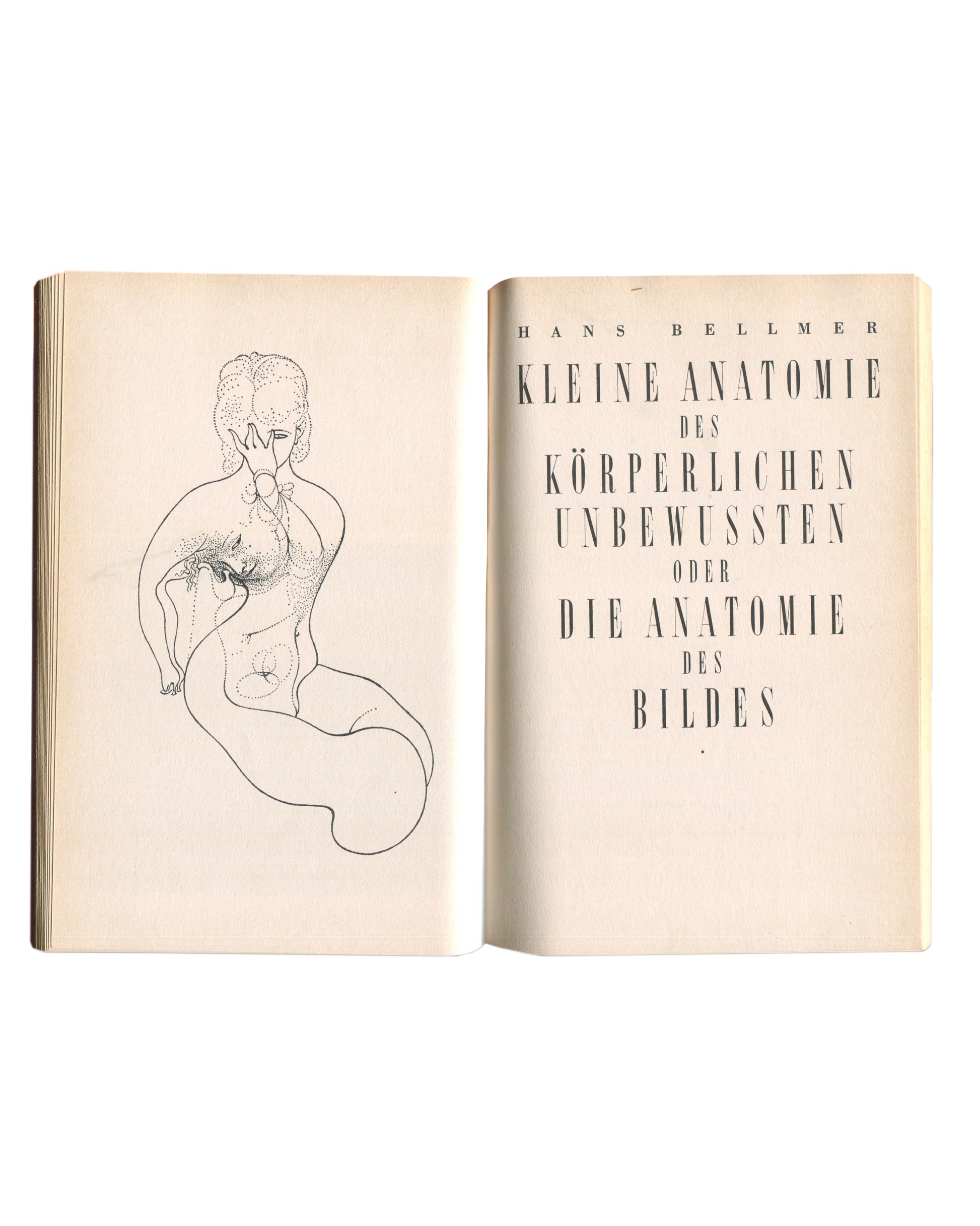 Interior spread of 1976 Hans Bellmer Die Puppe — left page with Bellmer line drawing of a female figure with dotted anatomical markings; right page with section title Kleine Anatomie des Körperlichen Unbewussten oder Die Anatomie des Bildes in large spaced capitals