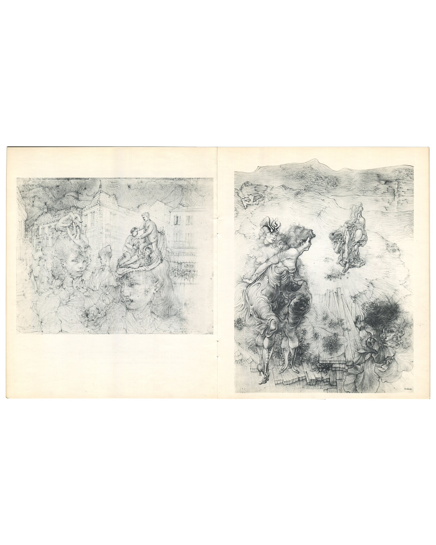 Interior spread. Left: dense, intricately hatched composition of intertwined figures, architectural fragments and foliage in a Baroque-inflected style. Right: large vertical composition of a contorted female figure in a landscape with scattered secondary figures and rocky terrain in fine cross-hatching.