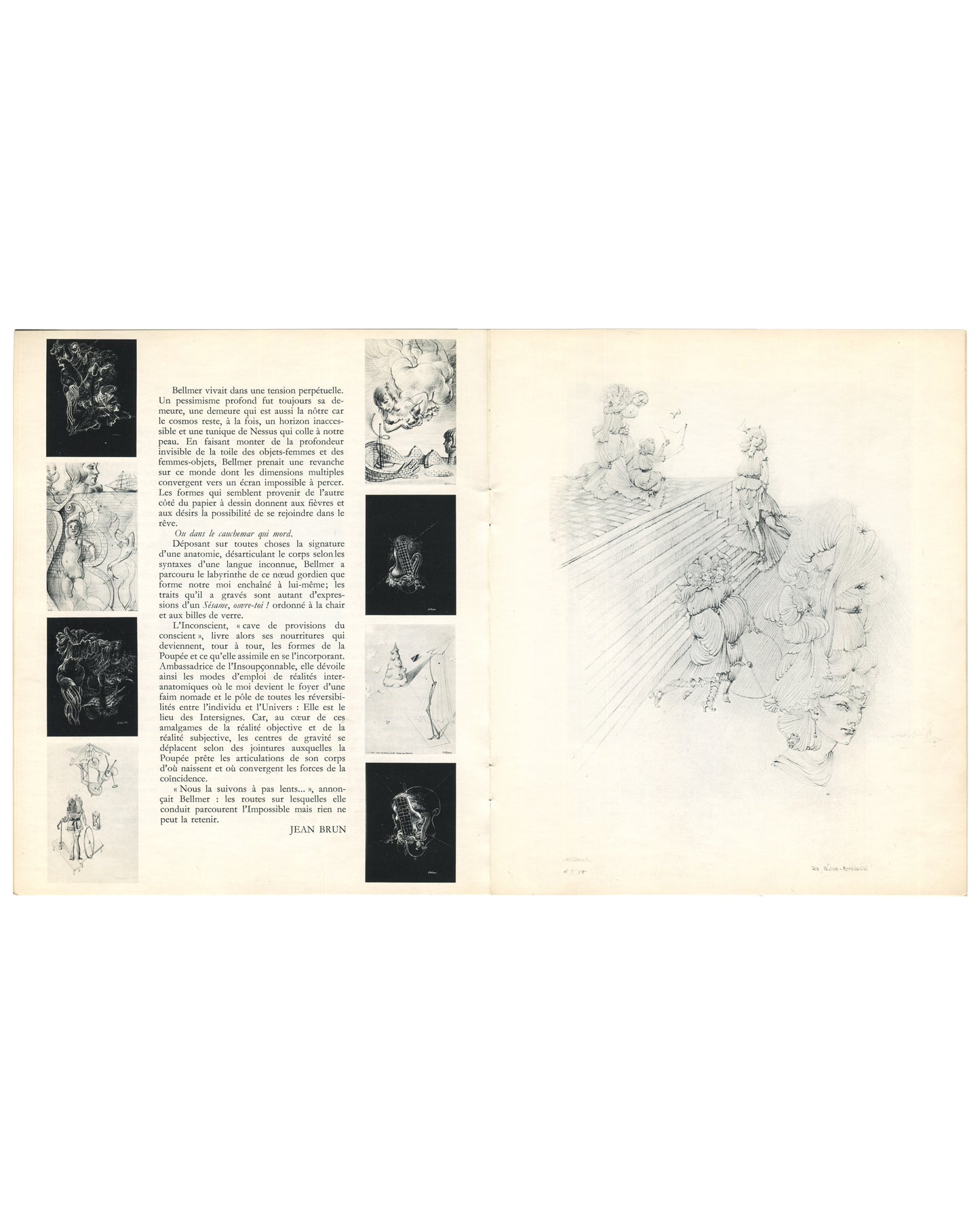 Interior spread. Left: column of small thumbnail reproductions alongside two-column French text by Jean Brun, signed at foot. Right: large complex composition of intertwined female figures and anatomical fragments in a landscape setting.