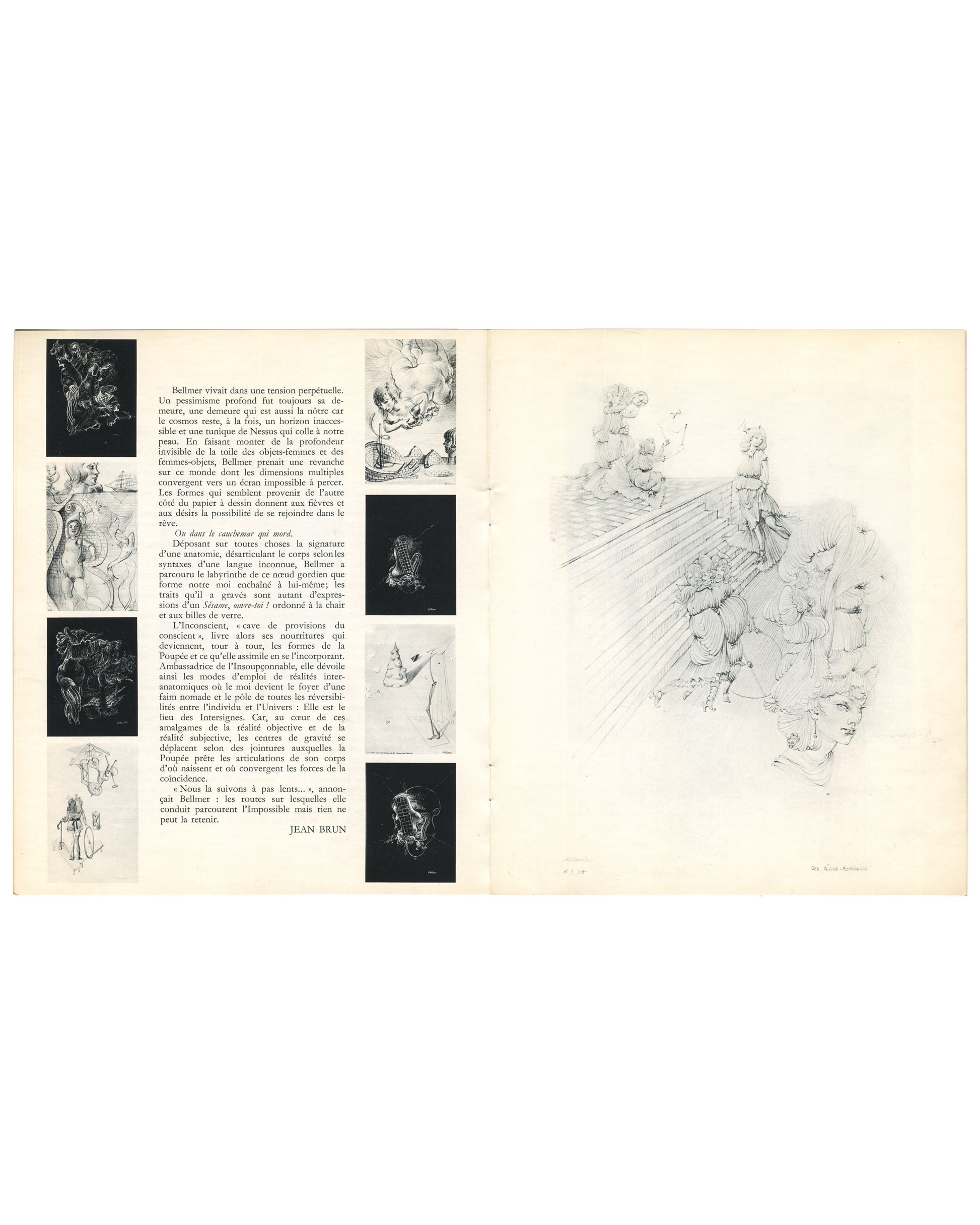 Interior spread. Left: column of small thumbnail reproductions alongside two-column French text by Jean Brun, signed at foot. Right: large complex composition of intertwined female figures and anatomical fragments in a landscape setting.