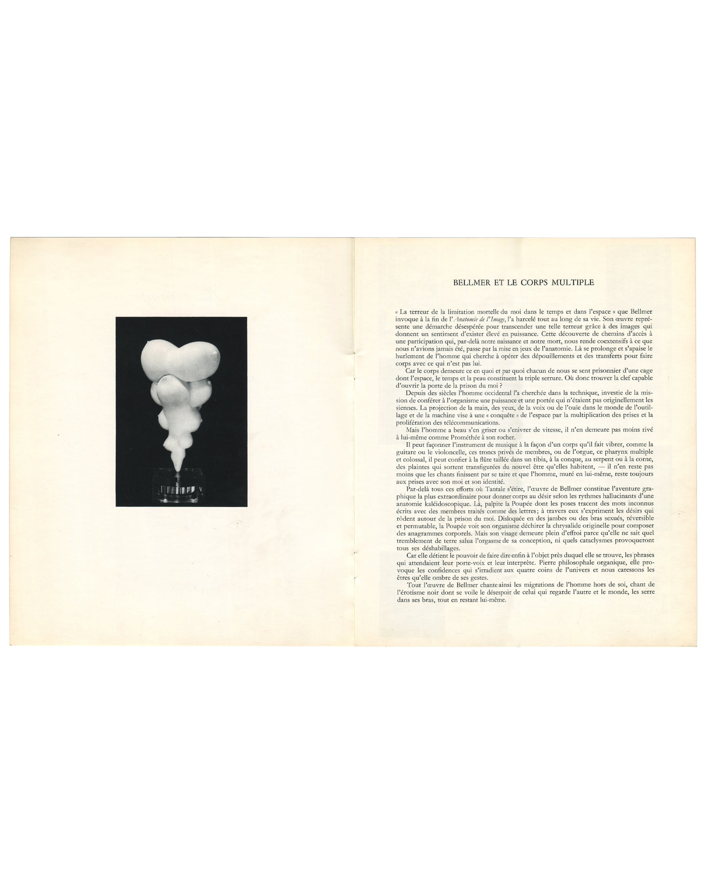 (Bellmer et le corps multiple spread): Interior spread. Left page blank. Right: essay 'Bellmer et le corps multiple' by Jean Brun in two-column French text, with a black-and-white photograph of a pale biomorphic torso sculpture on a cylindrical base inset to the left of the text.