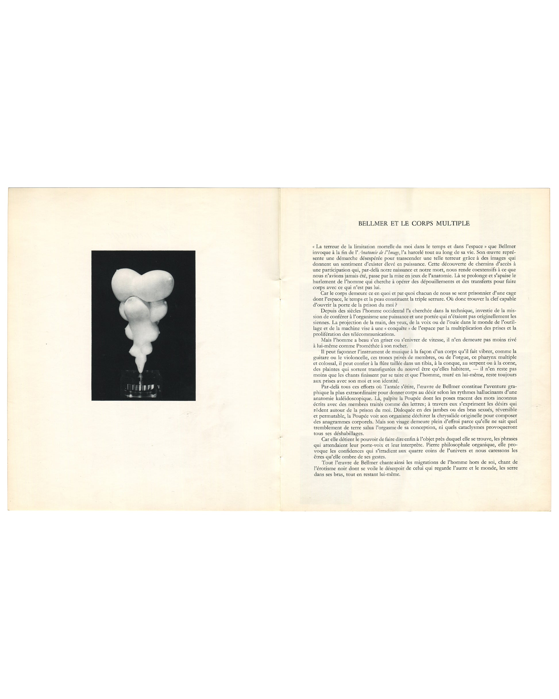 (Bellmer et le corps multiple spread): Interior spread. Left page blank. Right: essay 'Bellmer et le corps multiple' by Jean Brun in two-column French text, with a black-and-white photograph of a pale biomorphic torso sculpture on a cylindrical base inset to the left of the text.