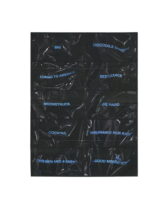 Exhibition poster, Gretchen Bender, Political Entertainment, Sprüth Magers, Berlin, 2025. Offset print, 44 × 59 cm. Black crumpled vinyl surface printed with blue text listing 1988 box office titles in two columns: BIG, CROCODILE DUNDEE II, COMING TO AMERICA, BEETLEJUICE, MOONSTRUCK, DIE HARD, COCKTAIL, WHO FRAMED ROGER RABBIT, THREE MEN AND A BABY, GOOD MORNING VIETNAM. Very good condition, folded as issued.