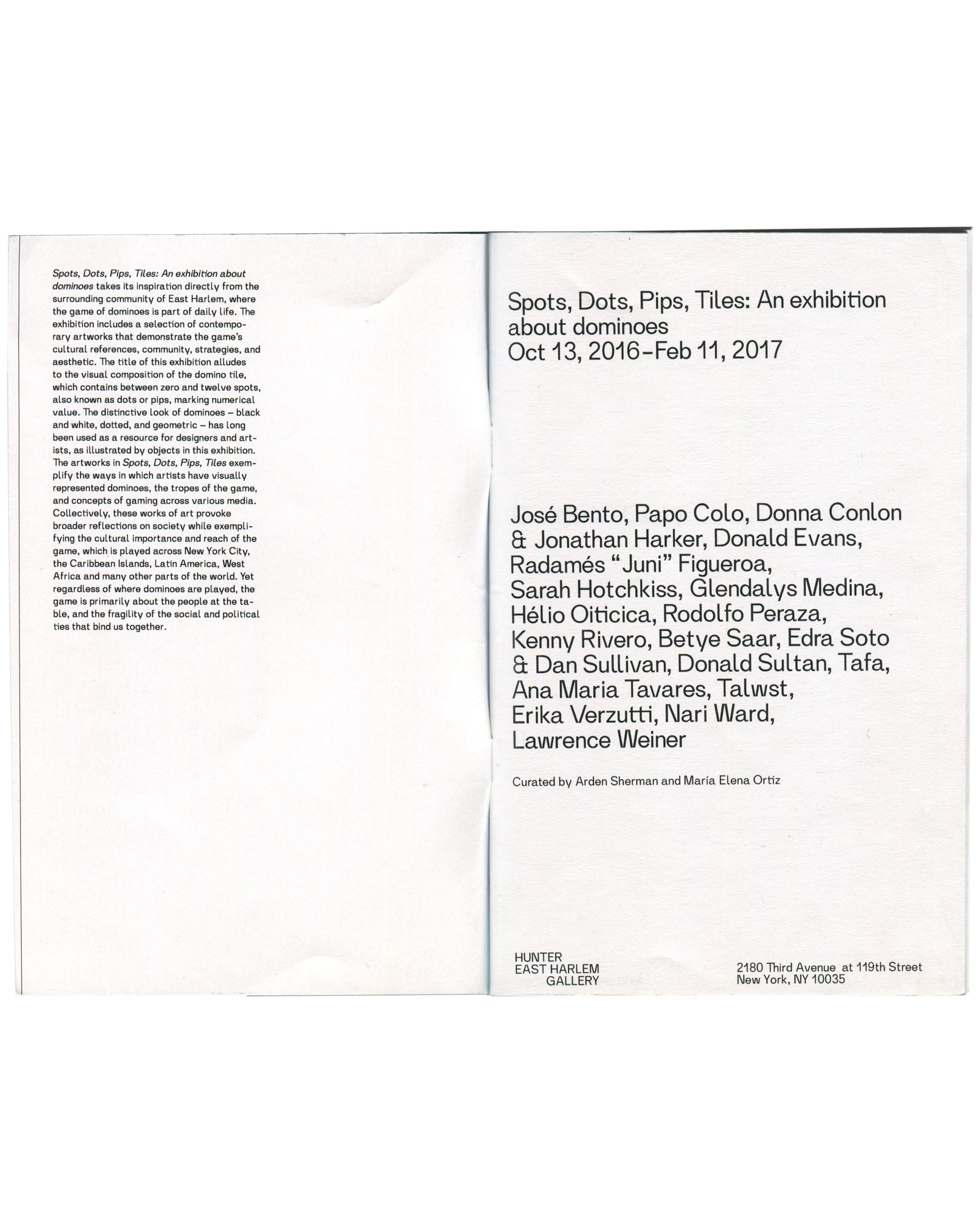 introduction / artist list spread): Left: exhibition introduction text in two columns. Right: full exhibition title, dates, complete artist list in large sans-serif type, curatorial credit and gallery address.


