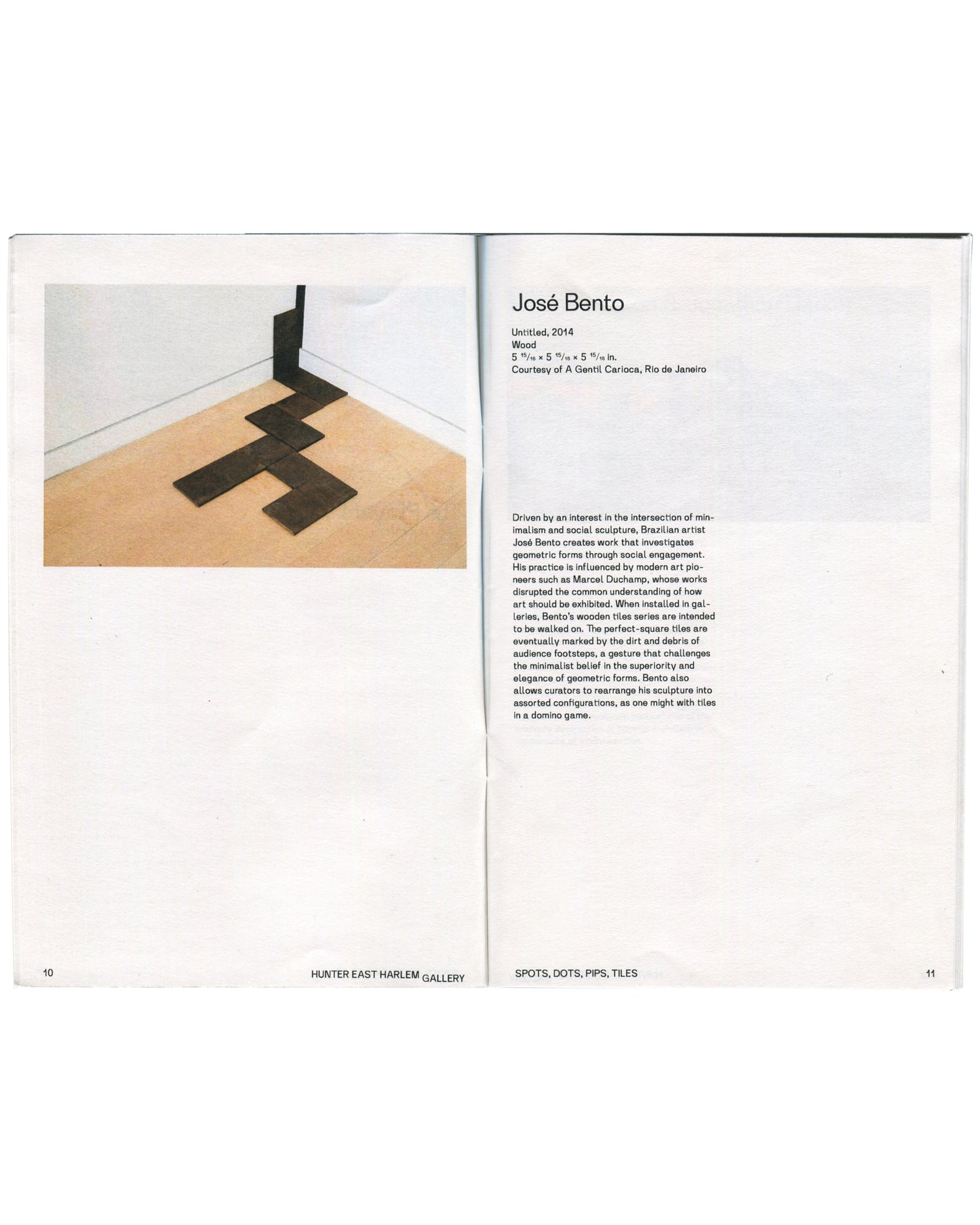 (Bento spread, pp. 10–11): Left: colour installation photograph of José Bento's Untitled (2014), modular dark wooden floor tiles in a zigzag domino configuration. Right: artist entry with work details and contextual text in two columns.

