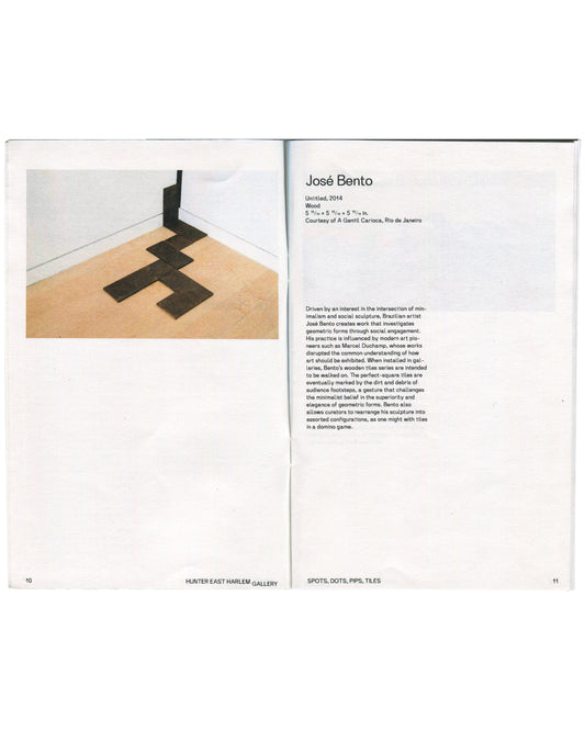 (Bento spread, pp. 10–11): Left: colour installation photograph of José Bento's Untitled (2014), modular dark wooden floor tiles in a zigzag domino configuration. Right: artist entry with work details and contextual text in two columns.

