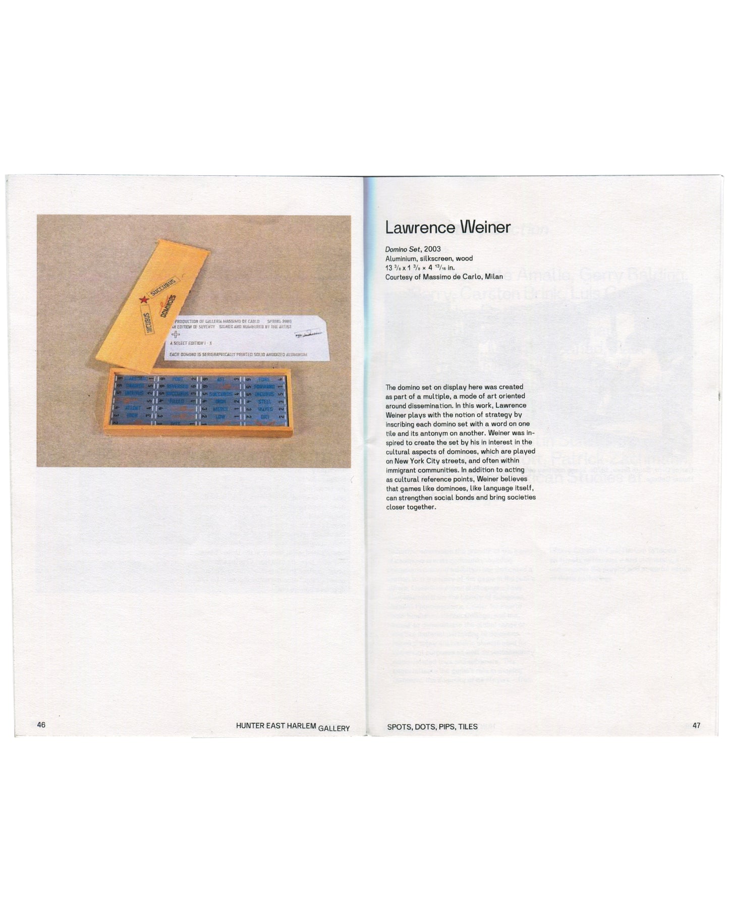 : Left: colour photograph of Lawrence Weiner's Domino Set (2003), yellow envelope and blue aluminium domino set in wooden box. Right: artist entry with contextual text.