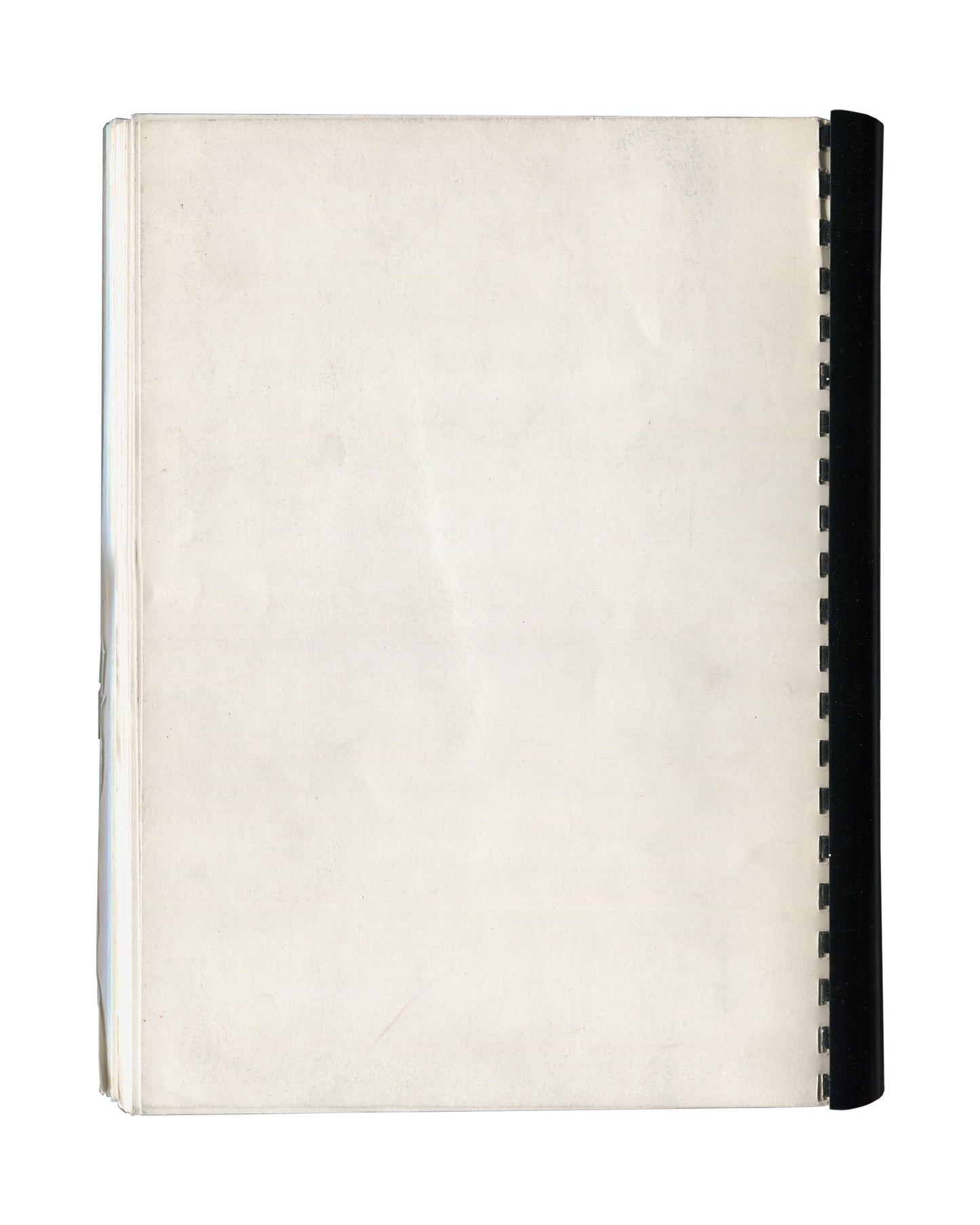Reverse of 1989 Coup d'envois ou l'art à la lettre Musée de La Poste press dossier showing plain cream-white stock with black spiral binding at right edge, light age toning, surface marks, and soft creasing consistent with archive storage and institutional circulation.