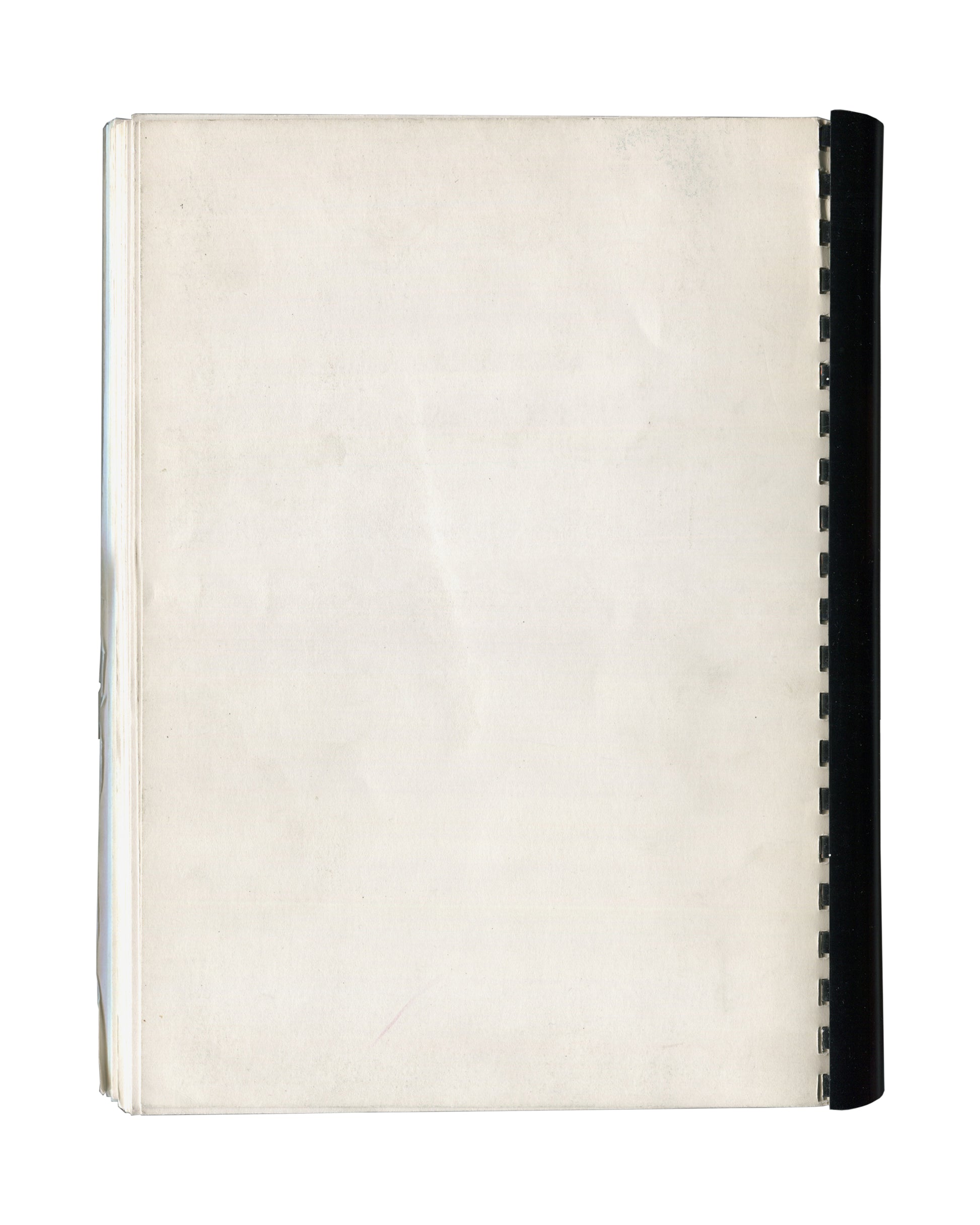 Reverse of 1989 Coup d'envois ou l'art à la lettre Musée de La Poste press dossier showing plain cream-white stock with black spiral binding at right edge, light age toning, surface marks, and soft creasing consistent with archive storage and institutional circulation.