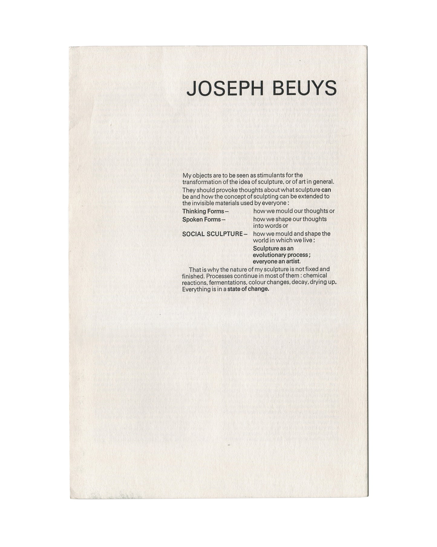 Original 1980 Joseph Beuys exhibition pamphlet, Anthony d'Offay Gallery, London. Front cover with 'JOSEPH BEUYS' in large bold uppercase type, followed by the Social Sculpture statement in hierarchical layout. 19.5 × 29.5 cm closed, single sheet folded once.