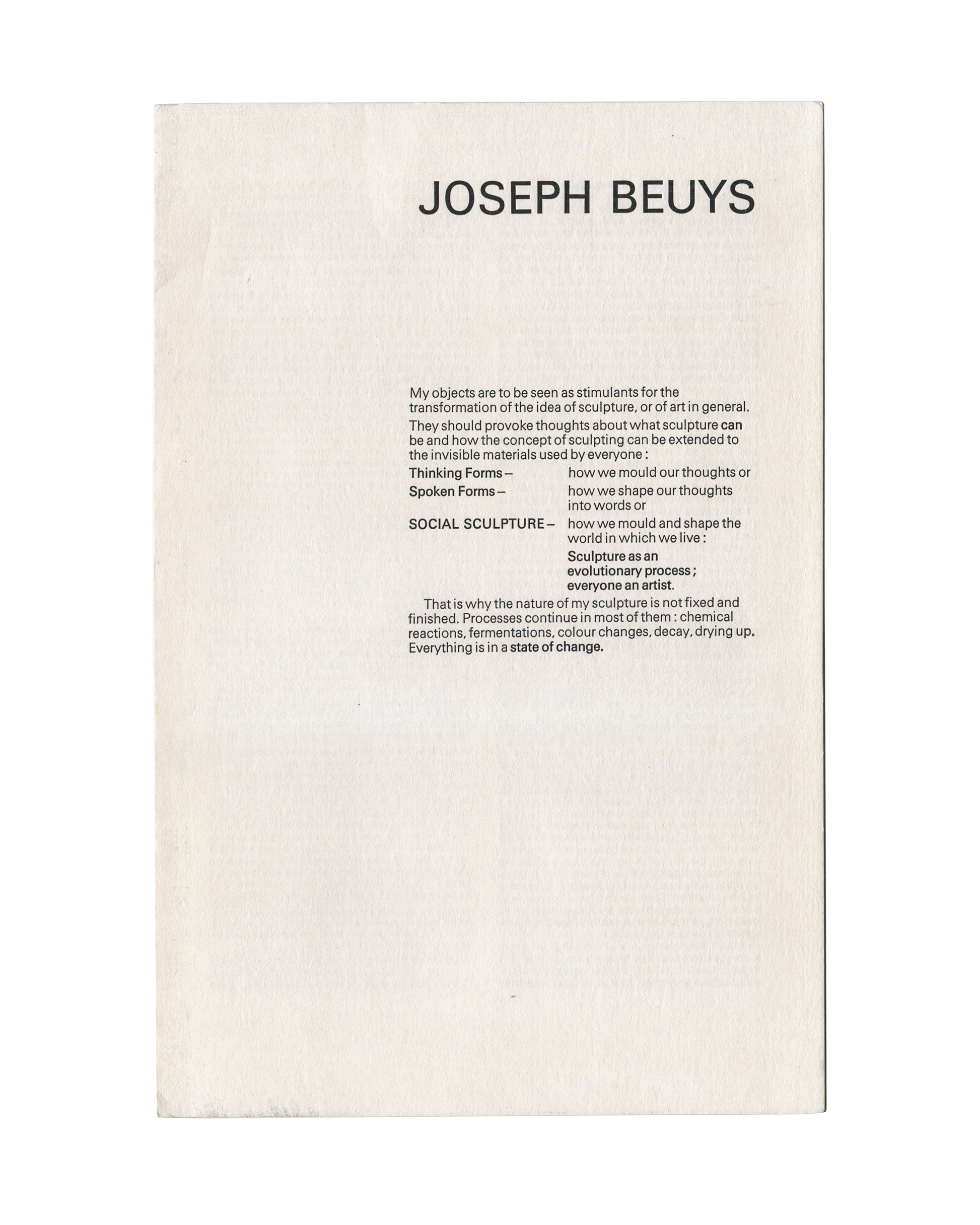 Original 1980 Joseph Beuys exhibition pamphlet, Anthony d'Offay Gallery, London. Front cover with 'JOSEPH BEUYS' in large bold uppercase type, followed by the Social Sculpture statement in hierarchical layout. 19.5 × 29.5 cm closed, single sheet folded once.