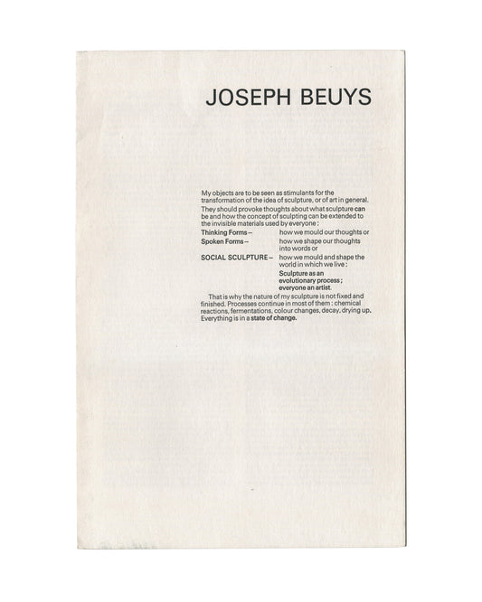 Original 1980 Joseph Beuys exhibition pamphlet, Anthony d'Offay Gallery, London. Front cover with 'JOSEPH BEUYS' in large bold uppercase type, followed by the Social Sculpture statement in hierarchical layout. 19.5 × 29.5 cm closed, single sheet folded once.