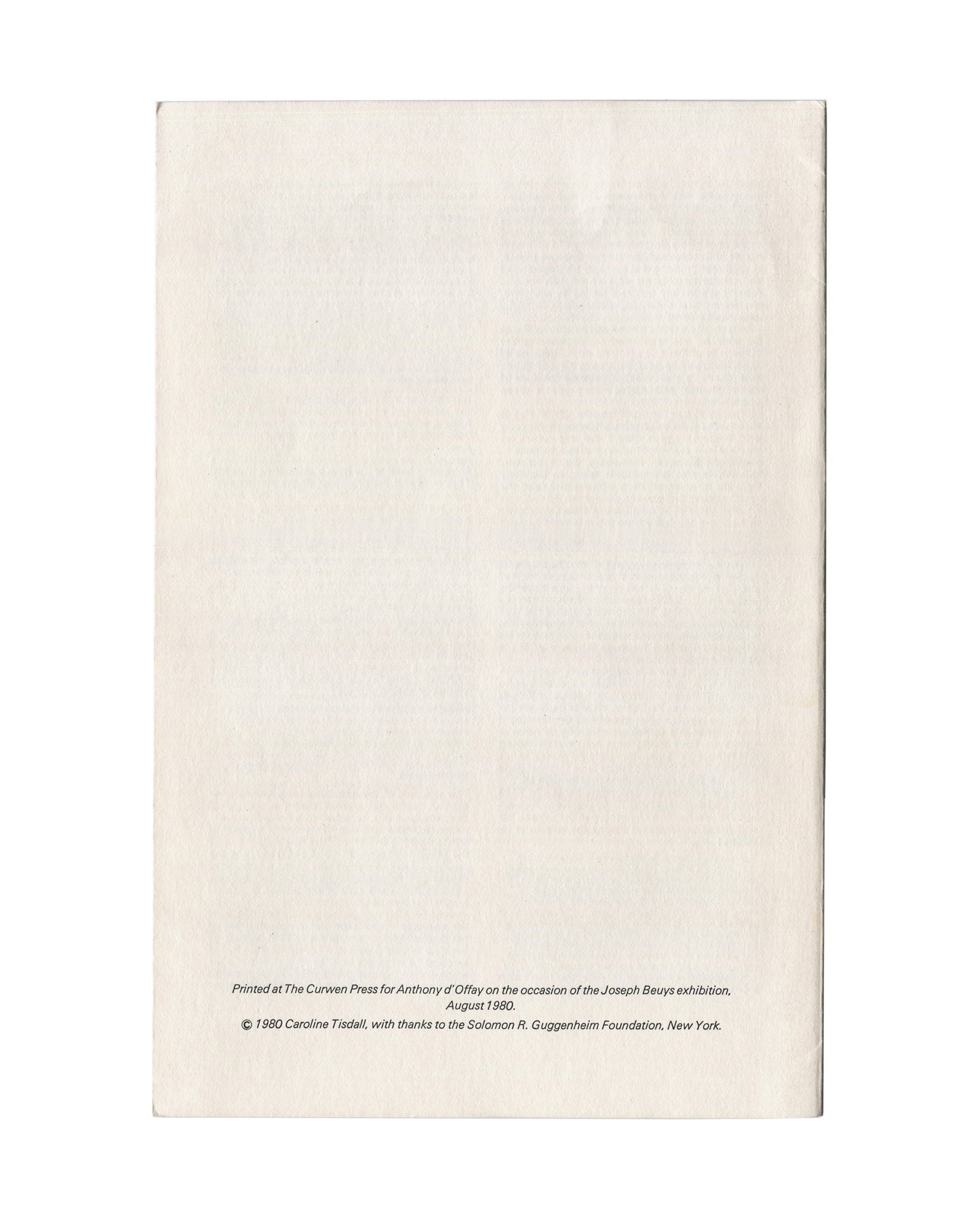  Plain white back cover with two lines of small italic text: printer credit (Curwen Press), date (August 1980), copyright (Caroline Tisdall), and acknowledgement of the Solomon R. Guggenheim Foundation.

