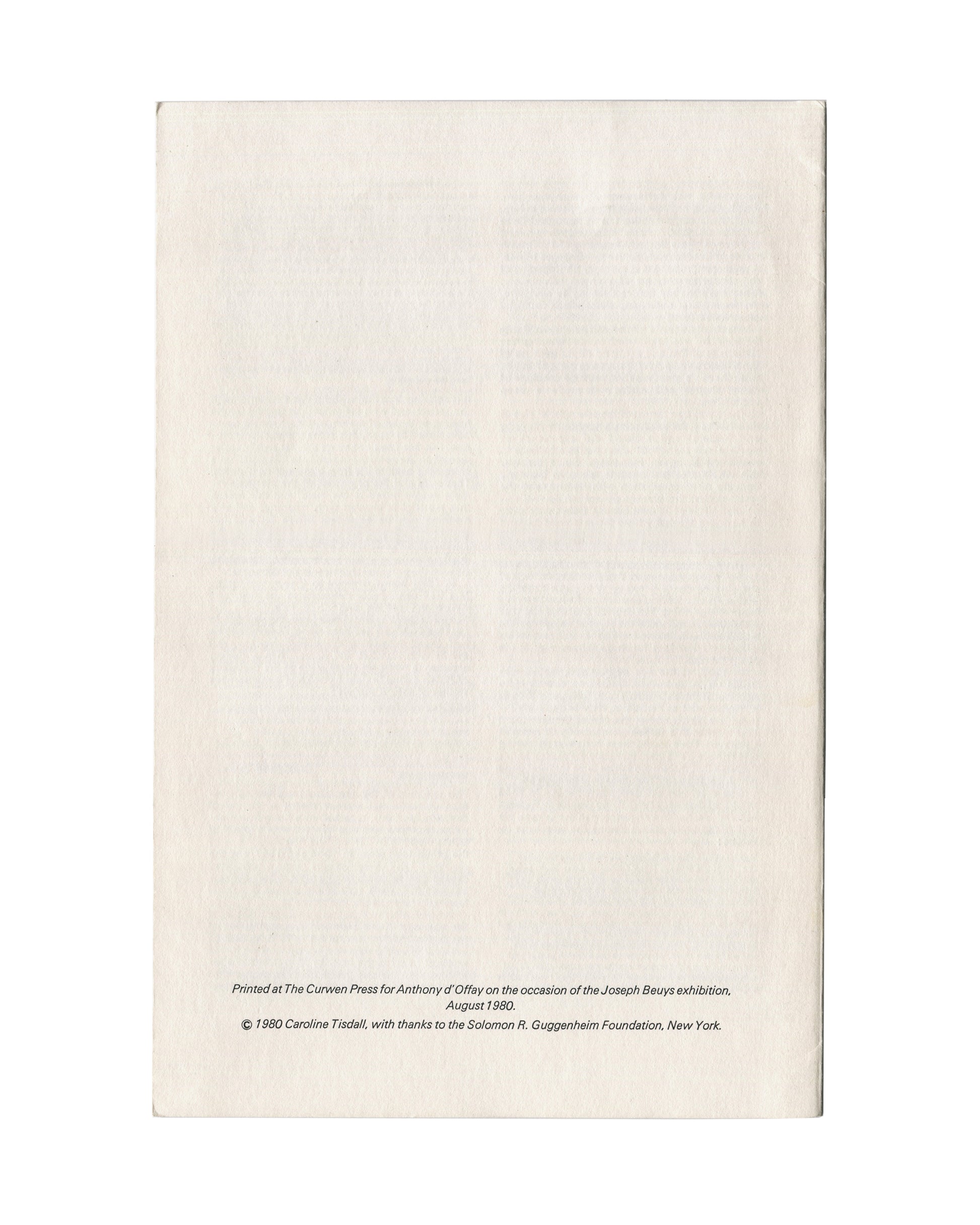  Plain white back cover with two lines of small italic text: printer credit (Curwen Press), date (August 1980), copyright (Caroline Tisdall), and acknowledgement of the Solomon R. Guggenheim Foundation.

