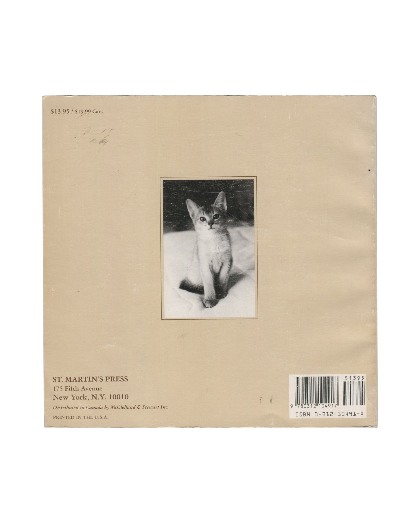 Tom Bianchi, Living with Dickens, St. Martin's Press, New York, 1994. Back cover with centred black-and-white photograph of young Abyssinian kitten seated on white surface. ISBN 0-312-10491-X. Price $13.95. Light wear visible on cream card cover.