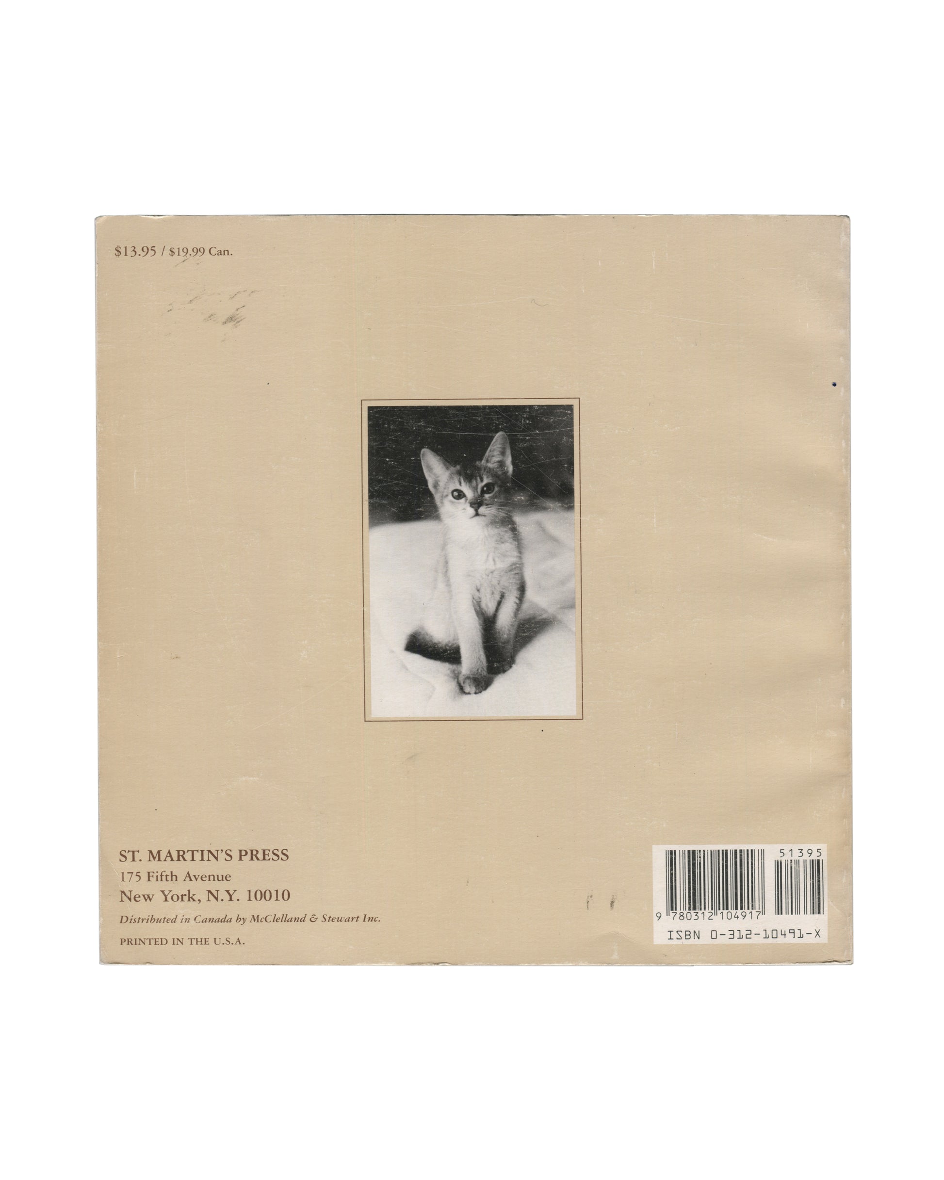 Tom Bianchi, Living with Dickens, St. Martin's Press, New York, 1994. Back cover with centred black-and-white photograph of young Abyssinian kitten seated on white surface. ISBN 0-312-10491-X. Price $13.95. Light wear visible on cream card cover.