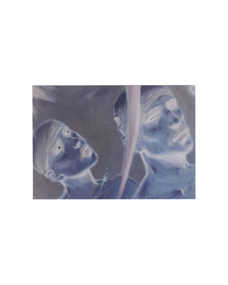 Original 2015 Enki Bilal Inbox exhibition postcard, Fondazione Giorgio Cini, Venice — recto reproducing a detail from Inbox: two spectral faces rendered in Bilal's characteristic blue-grey science-fiction palette, faces upturned and partially dissolved, a thin vertical pale form dividing the composition; acrylic on canvas; figures suspended between painting, cinema still, and hallucinated image against a dark blue-grey ground