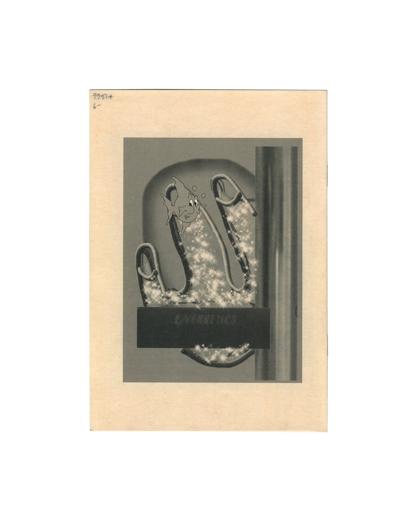 Linus Bill + Adrien Horni, Gemälde, M J, Geneva, 2014. Interior page: black-and-white photograph mounted on cream card showing illuminated display case with neon tube forms, cartoon fish graphic, and redacted text panel lower centre. Handwritten stock notation "99514 / 6–" upper left corner of mount.