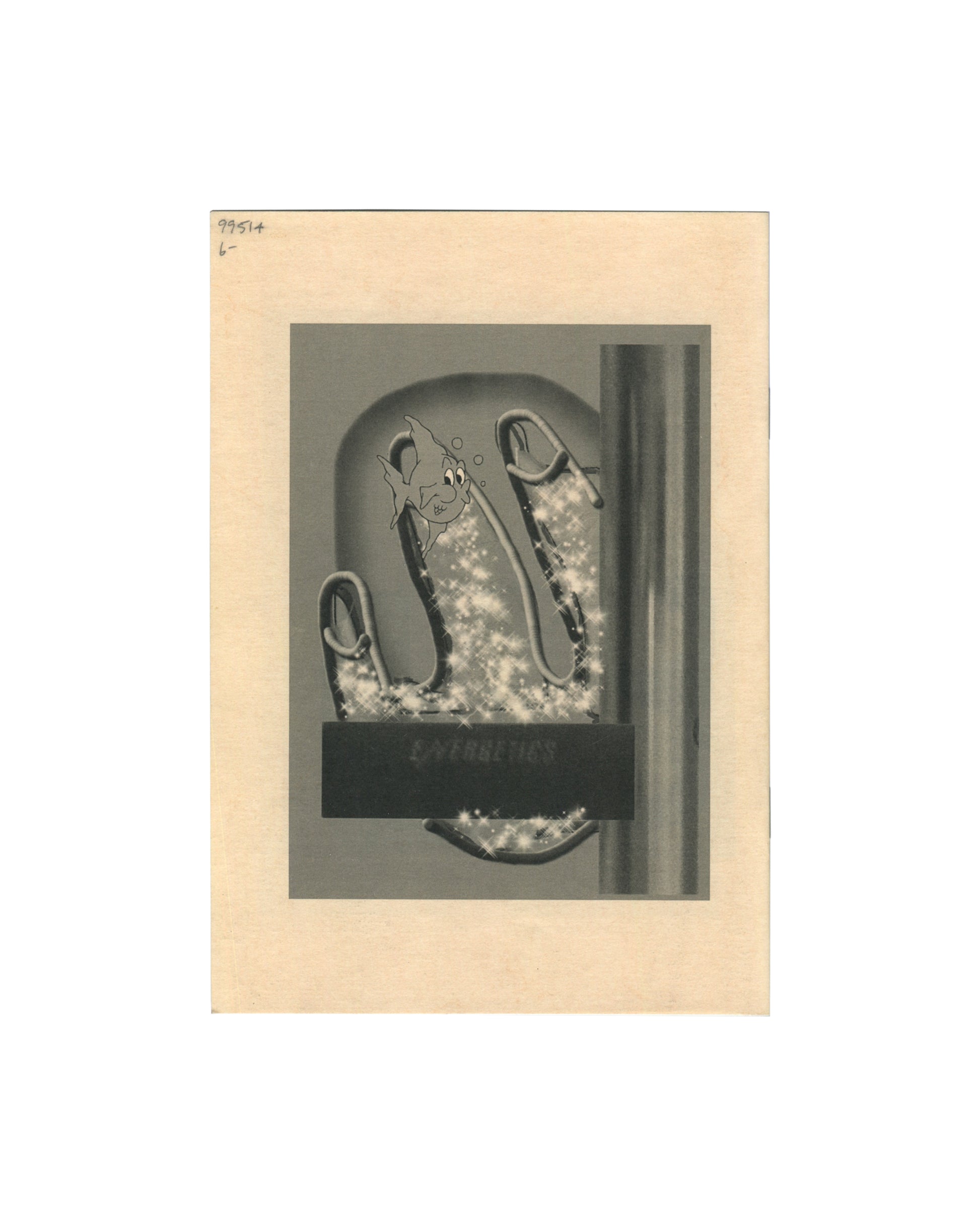 Linus Bill + Adrien Horni, Gemälde, M J, Geneva, 2014. Interior page: black-and-white photograph mounted on cream card showing illuminated display case with neon tube forms, cartoon fish graphic, and redacted text panel lower centre. Handwritten stock notation "99514 / 6–" upper left corner of mount.