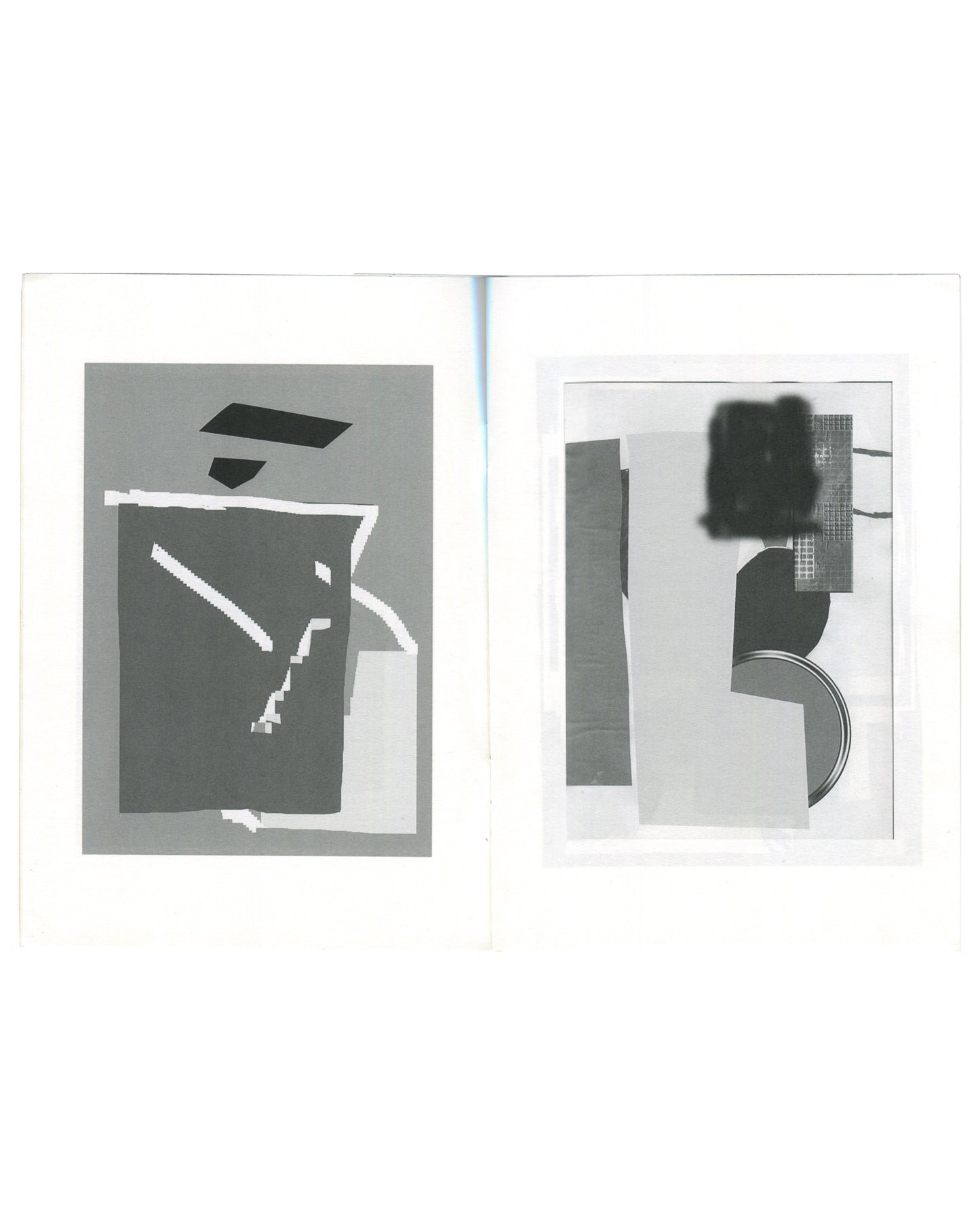 Linus Bill + Adrien Horni, Gemälde, M J, Geneva, 2014. Interior spread: left, grey ground with abstract collage of dark notched rectangle, black horizontal bar, white diagonal forms and pixelated fragments; right, white ground with collage of vertical grey bar, dark semicircle, circular disc, and black smudged form with grid texture upper right.