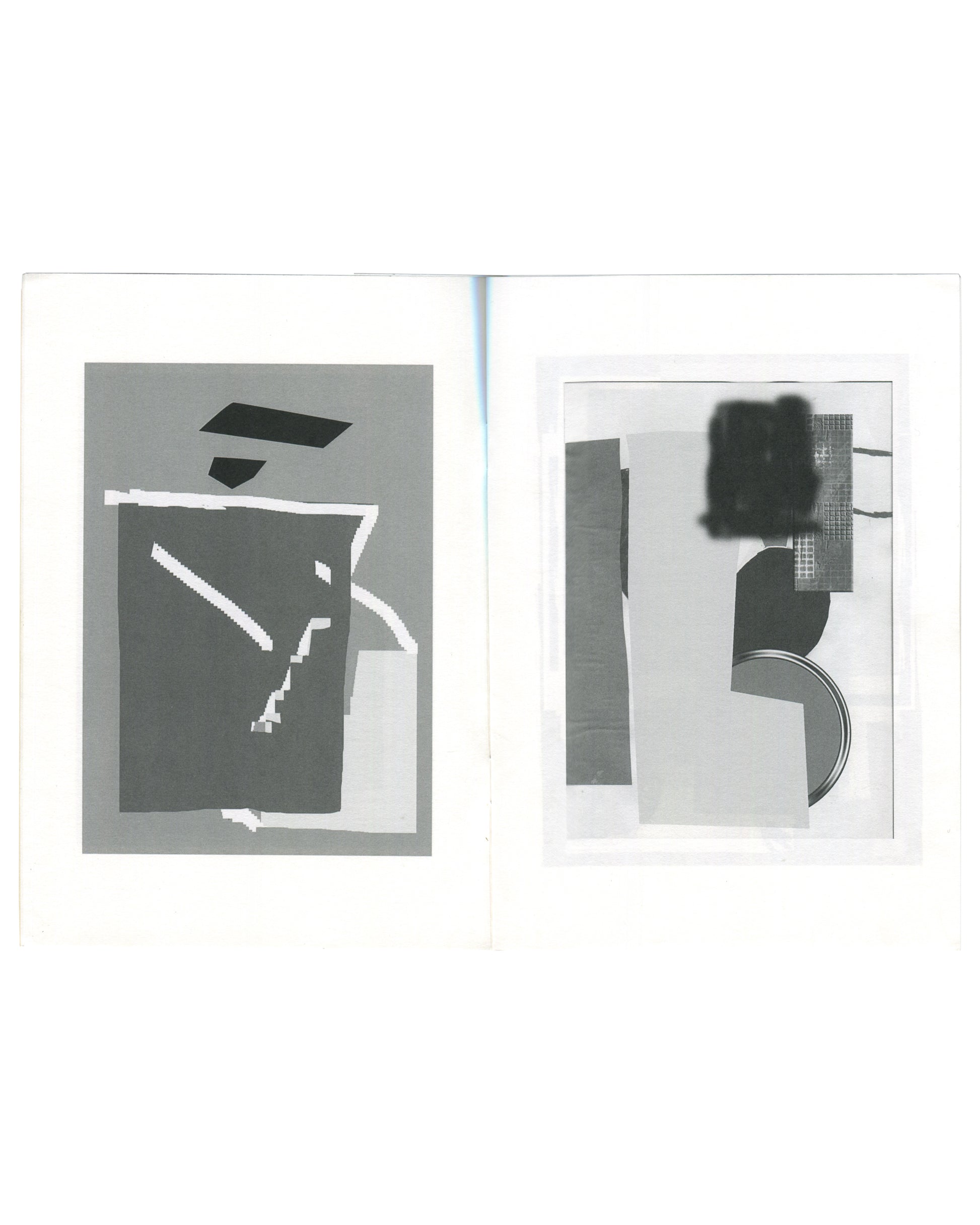 Linus Bill + Adrien Horni, Gemälde, M J, Geneva, 2014. Interior spread: left, grey ground with abstract collage of dark notched rectangle, black horizontal bar, white diagonal forms and pixelated fragments; right, white ground with collage of vertical grey bar, dark semicircle, circular disc, and black smudged form with grid texture upper right.