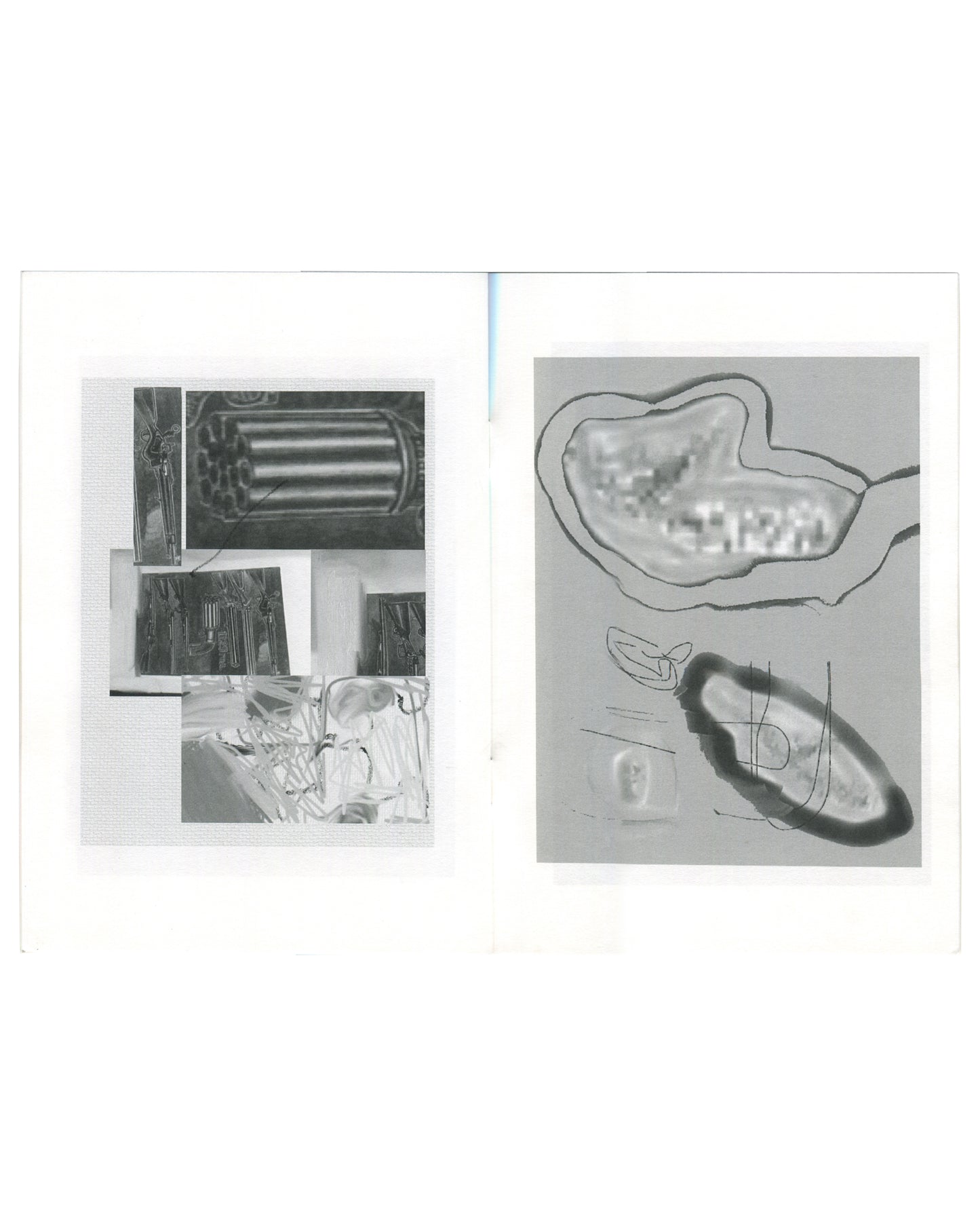 Linus Bill + Adrien Horni, Gemälde, M J, Geneva, 2014. Interior spread: left, white ground with collage of four black-and-white photographs — cylindrical tubes, grid structures, a lamp, and reflective glassware; right, grey ground with two organic outline drawings — a large biomorphic form upper centre and a bold circular scrawl lower right with gestural marks.