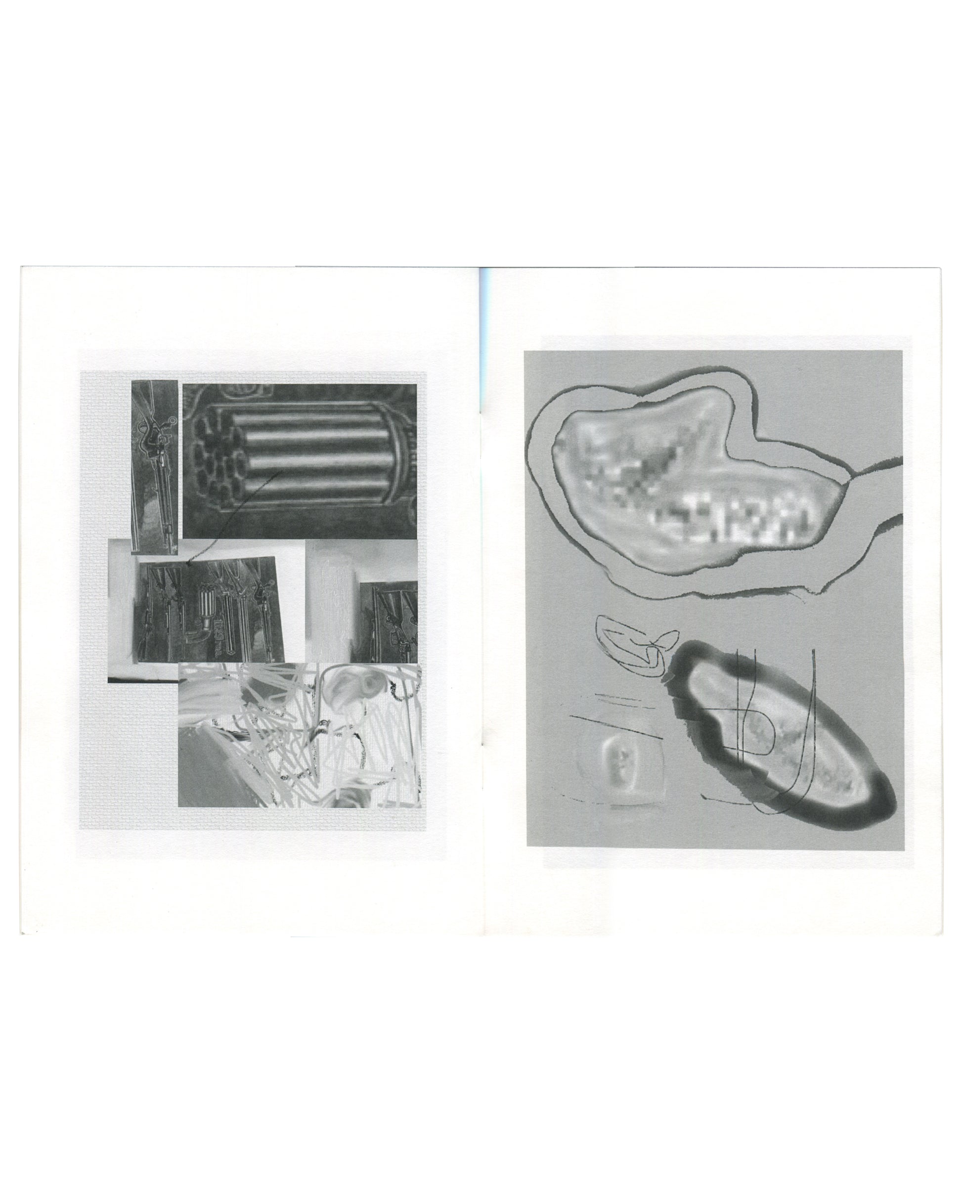 Linus Bill + Adrien Horni, Gemälde, M J, Geneva, 2014. Interior spread: left, white ground with collage of four black-and-white photographs — cylindrical tubes, grid structures, a lamp, and reflective glassware; right, grey ground with two organic outline drawings — a large biomorphic form upper centre and a bold circular scrawl lower right with gestural marks.