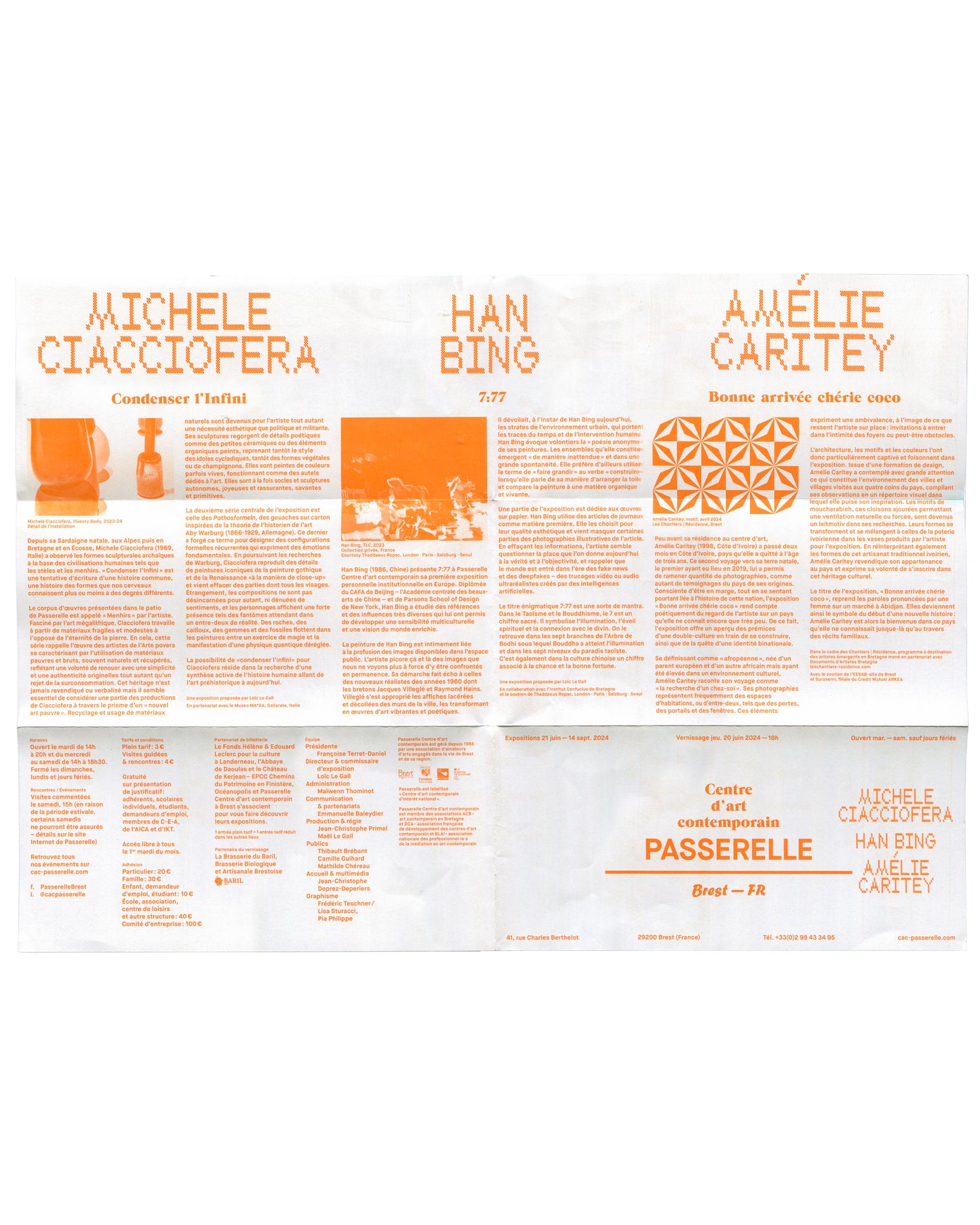 Interior of 2024 Michele Ciacciofera / Han Bing / Amélie Caritey exhibition guide unfolded to full sheet, showing three-panel layout in fluorescent orange on white: left panel headed 'MICHELE CIACCIOFERA / Condenser l'Infini' with colour photograph of ceramic vessel forms and dense two-column exhibition text; centre panel headed 'HAN BING / 7:77' with black-and-white performance photograph and exhibition text; right panel headed 'AMÉLIE CARITEY / Bonne arrivée chérie enen' with geometric orange tile pattern