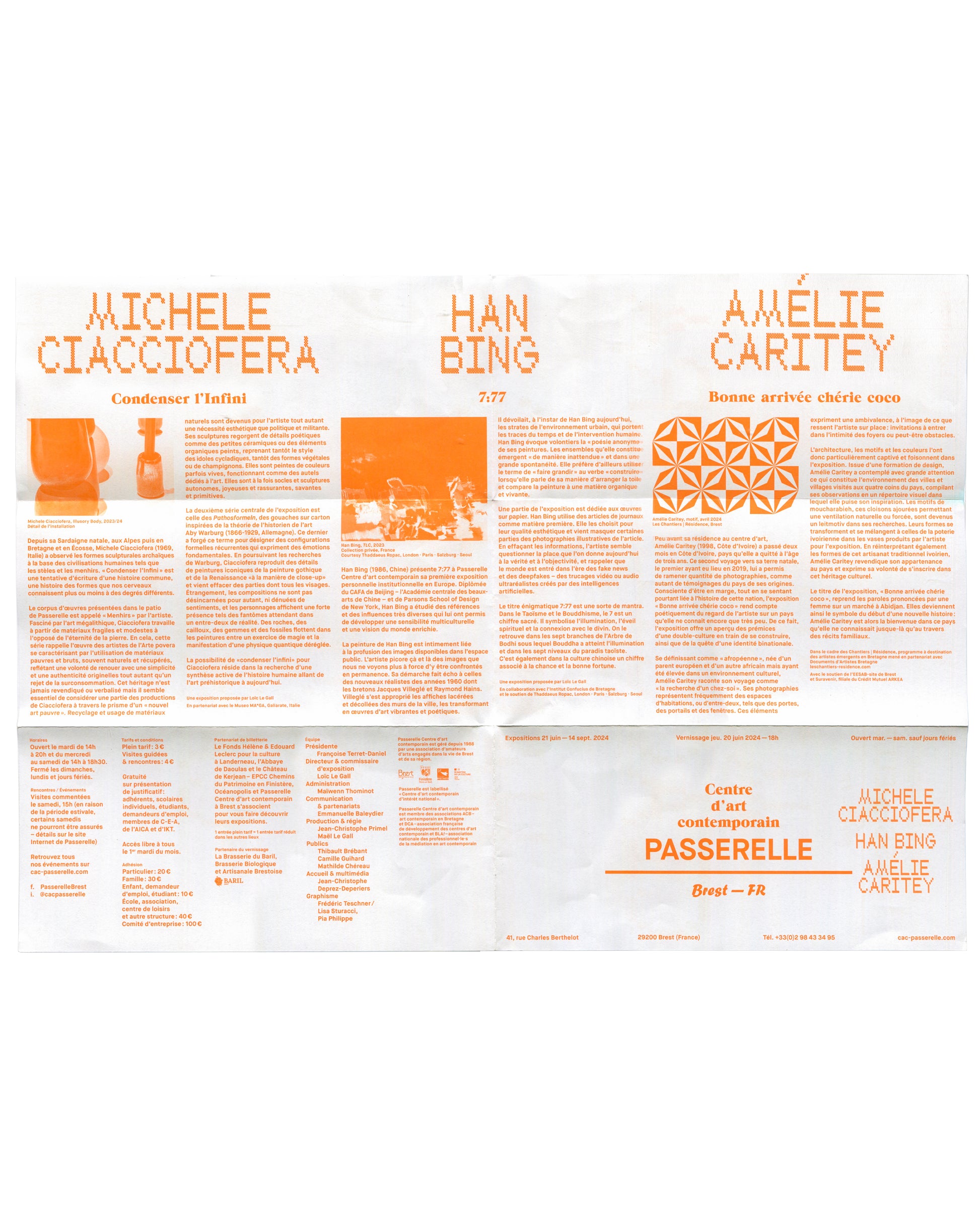 Interior of 2024 Michele Ciacciofera / Han Bing / Amélie Caritey exhibition guide unfolded to full sheet, showing three-panel layout in fluorescent orange on white: left panel headed 'MICHELE CIACCIOFERA / Condenser l'Infini' with colour photograph of ceramic vessel forms and dense two-column exhibition text; centre panel headed 'HAN BING / 7:77' with black-and-white performance photograph and exhibition text; right panel headed 'AMÉLIE CARITEY / Bonne arrivée chérie enen' with geometric orange tile pattern