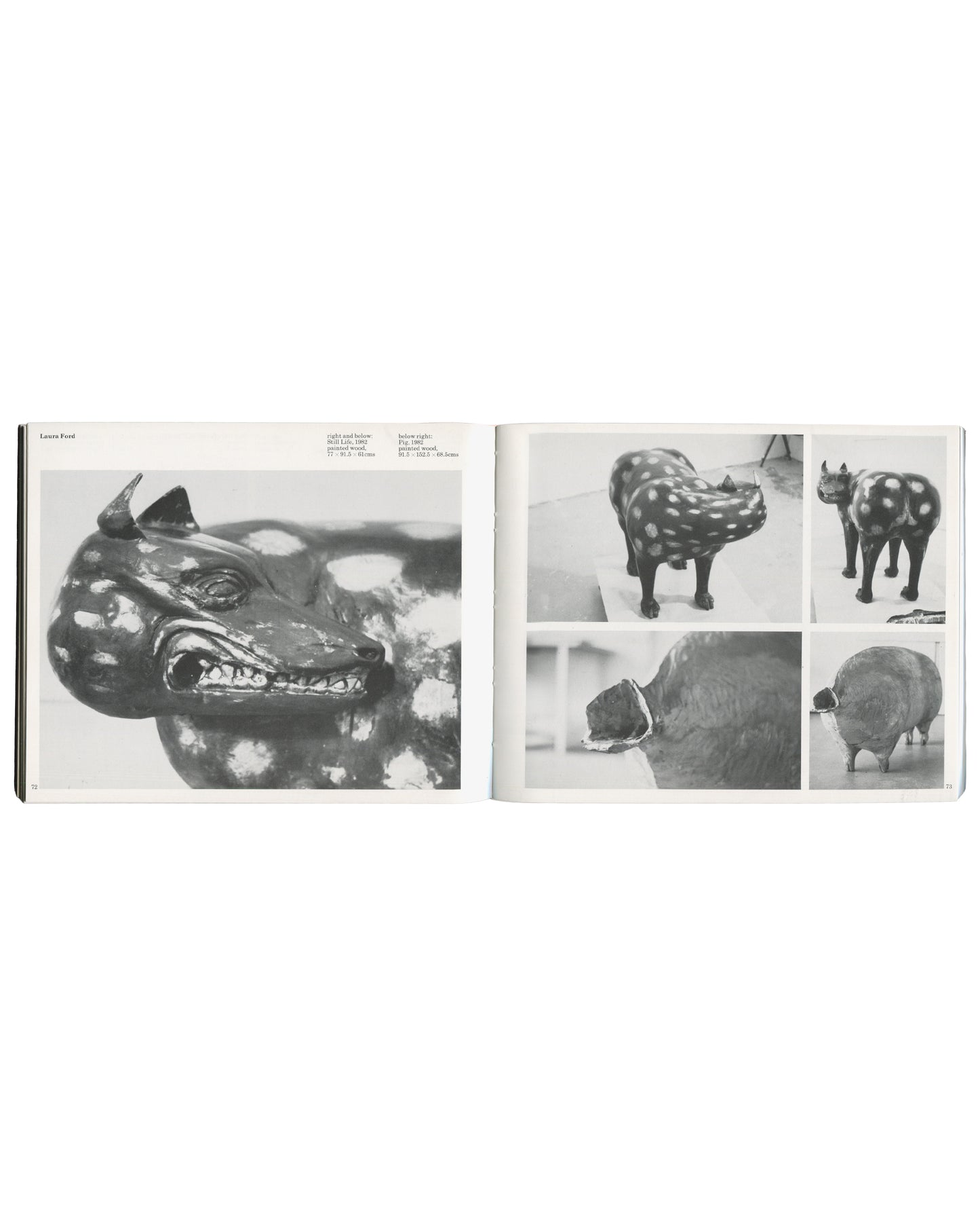 Paul de Monchaux, Fenella Crichton and Kate Blacker, The Sculpture Show, 1983, Laura Ford, painted wood animal sculptures, interior spread