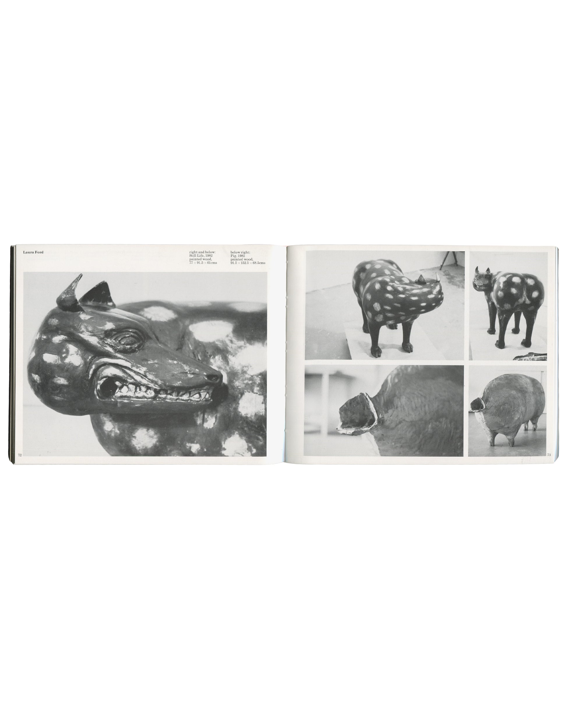 Paul de Monchaux, Fenella Crichton and Kate Blacker, The Sculpture Show, 1983, Laura Ford, painted wood animal sculptures, interior spread
