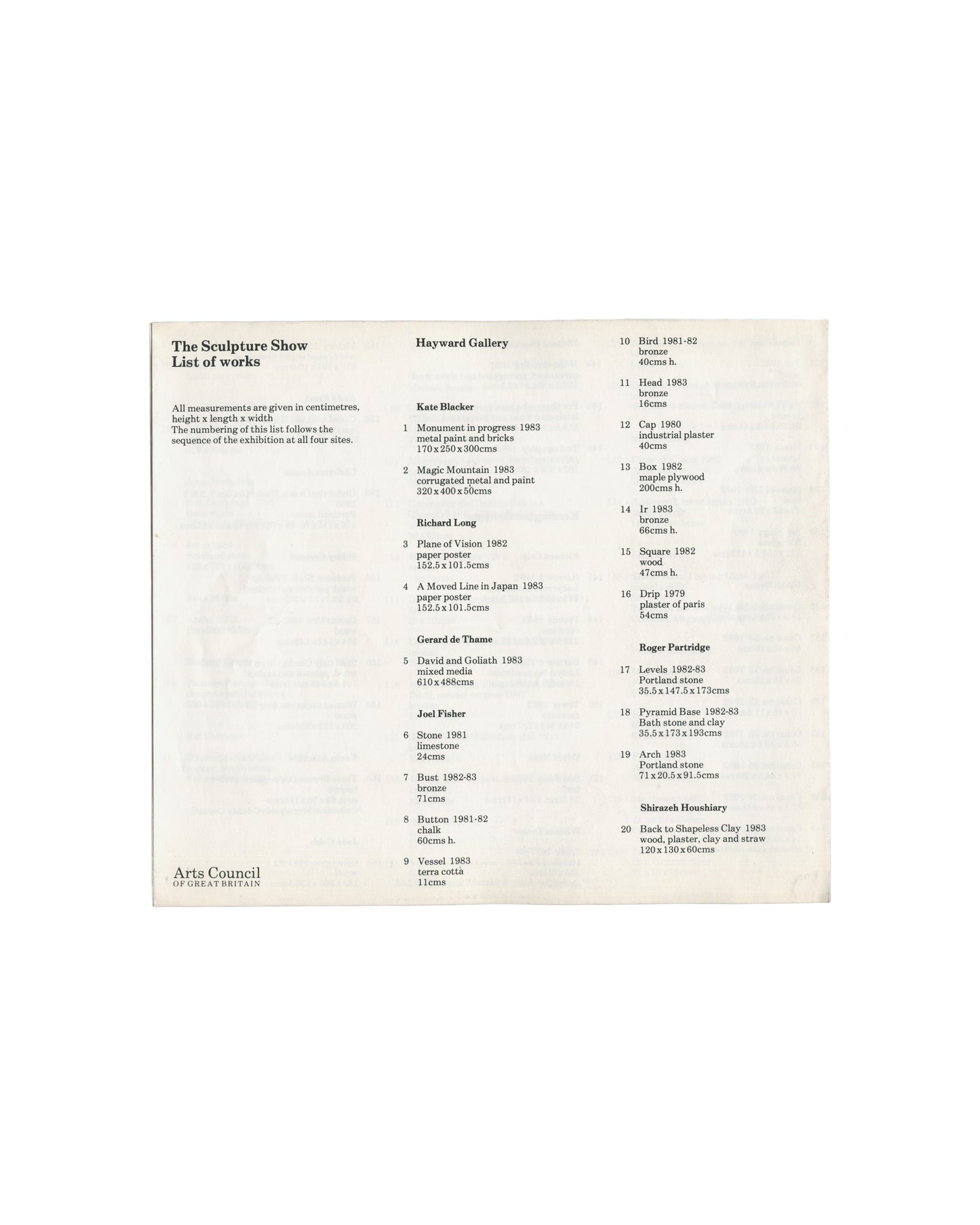 Paul de Monchaux, Fenella Crichton and Kate Blacker, The Sculpture Show, 1983, list of works, Hayward Gallery, Arts Council of Great Britain