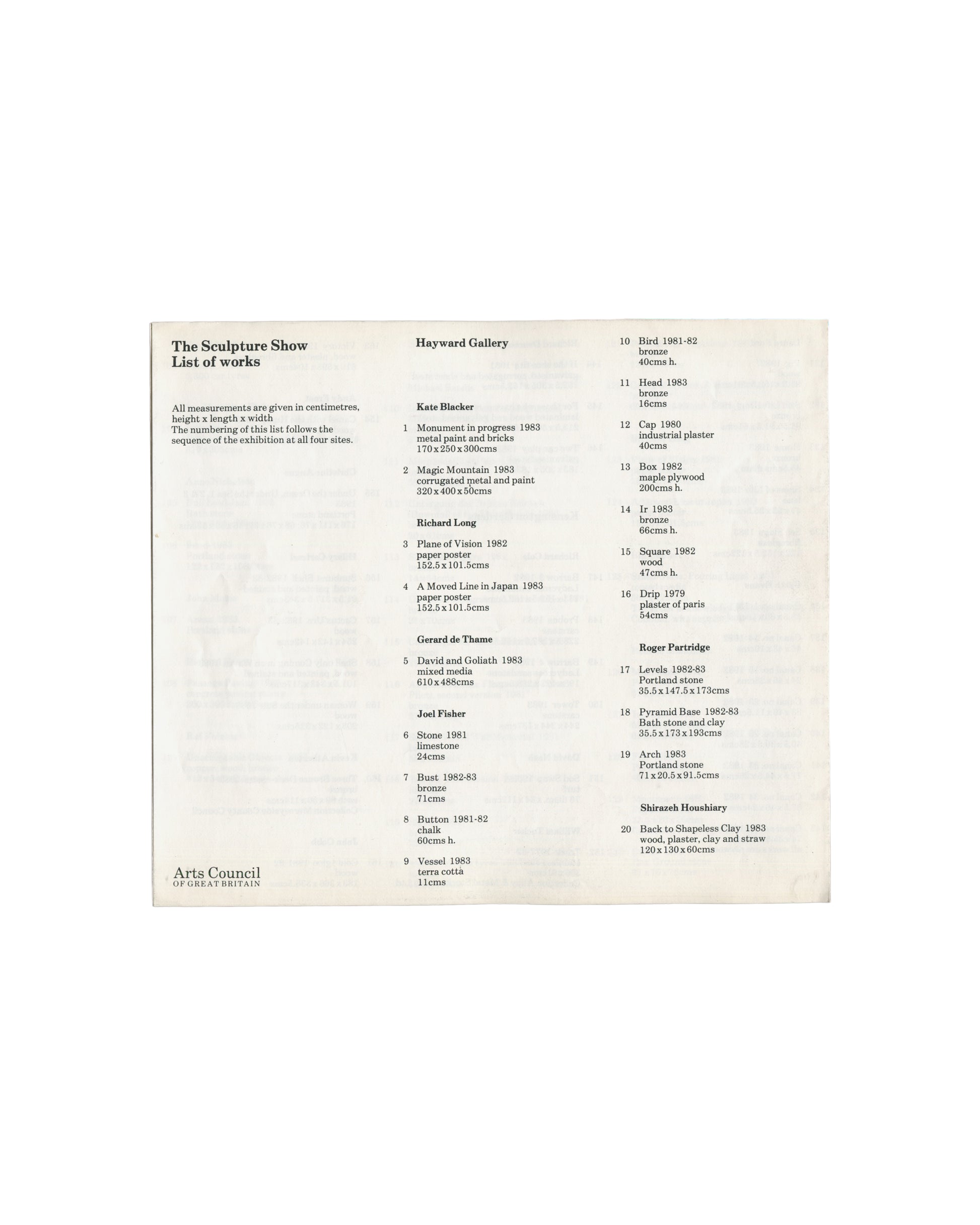 Paul de Monchaux, Fenella Crichton and Kate Blacker, The Sculpture Show, 1983, list of works, Hayward Gallery, Arts Council of Great Britain