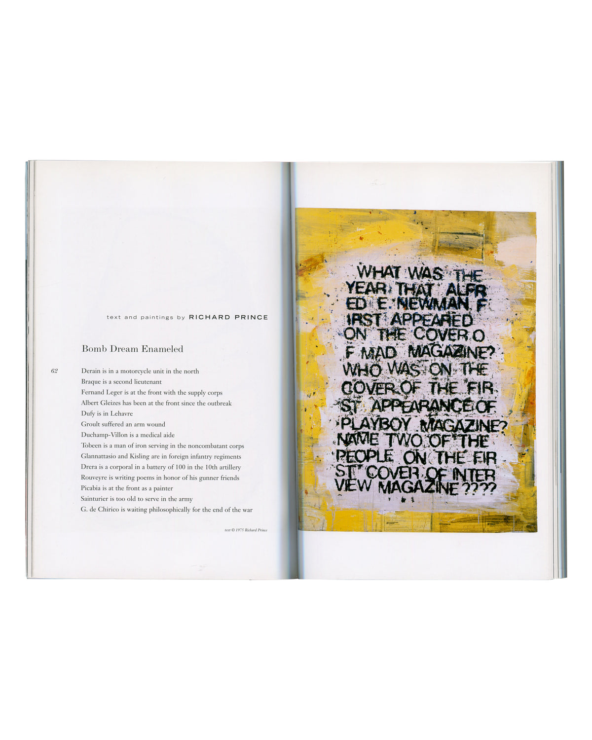 Bald Ego no. 3, 2004, interior spread pp. 62–63, text and paintings by Richard Prince, Bomb Dream Enameled, yellow ground painting with stencilled magazine trivia questions