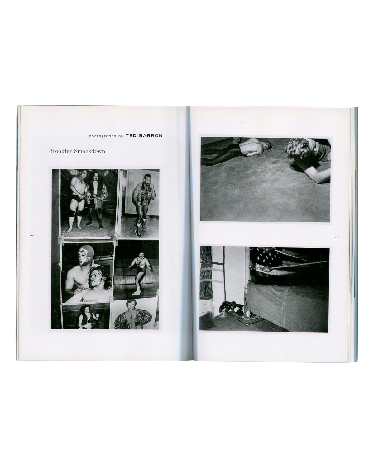 Bald Ego no. 3, 2004, interior spread pp. 68–69, photographs by Ted Barron, Brooklyn Smackdown, black-and-white contact sheet and documentary wrestling photographs
