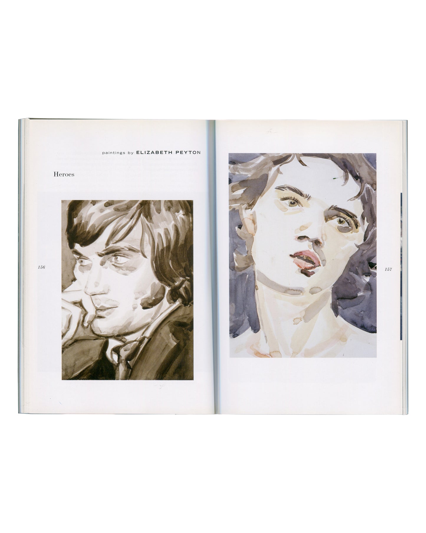 Bald Ego no. 3, 2004, interior spread pp. 156–157, paintings by Elizabeth Peyton, Heroes, two watercolour portrait heads, young male and female figures