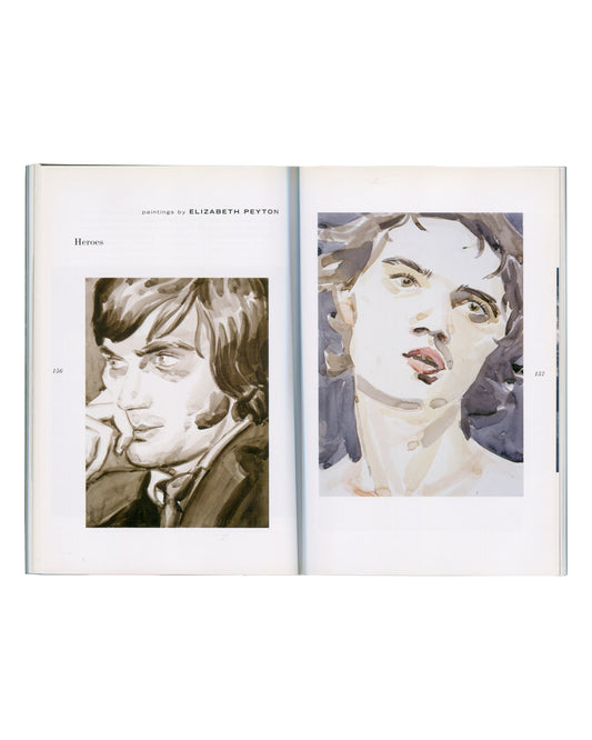 Bald Ego no. 3, 2004, interior spread pp. 156–157, paintings by Elizabeth Peyton, Heroes, two watercolour portrait heads, young male and female figures